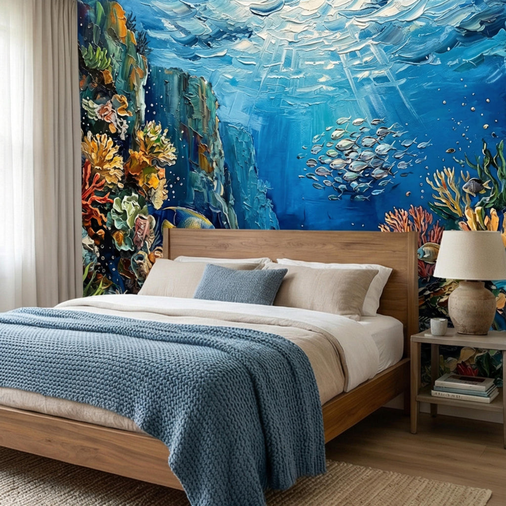 Vibrant Underwater Coral Reef Peel and Stick Wall Mural, Tropical Fish Ocean Scene Coastal Marine Life Wallpaper