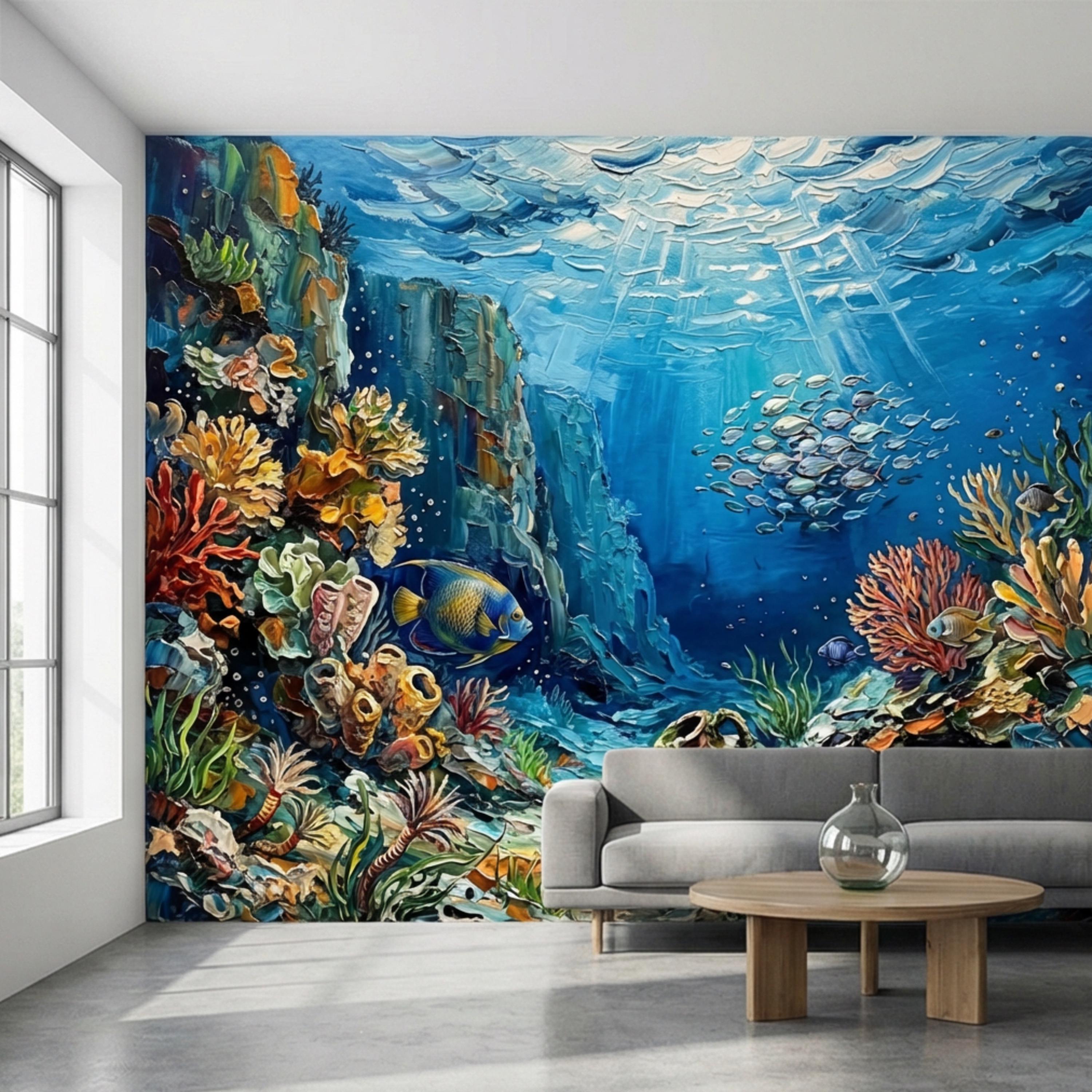 Vibrant Underwater Coral Reef Peel and Stick Wall Mural, Tropical Fish Ocean Scene Coastal Marine Life Wallpaper