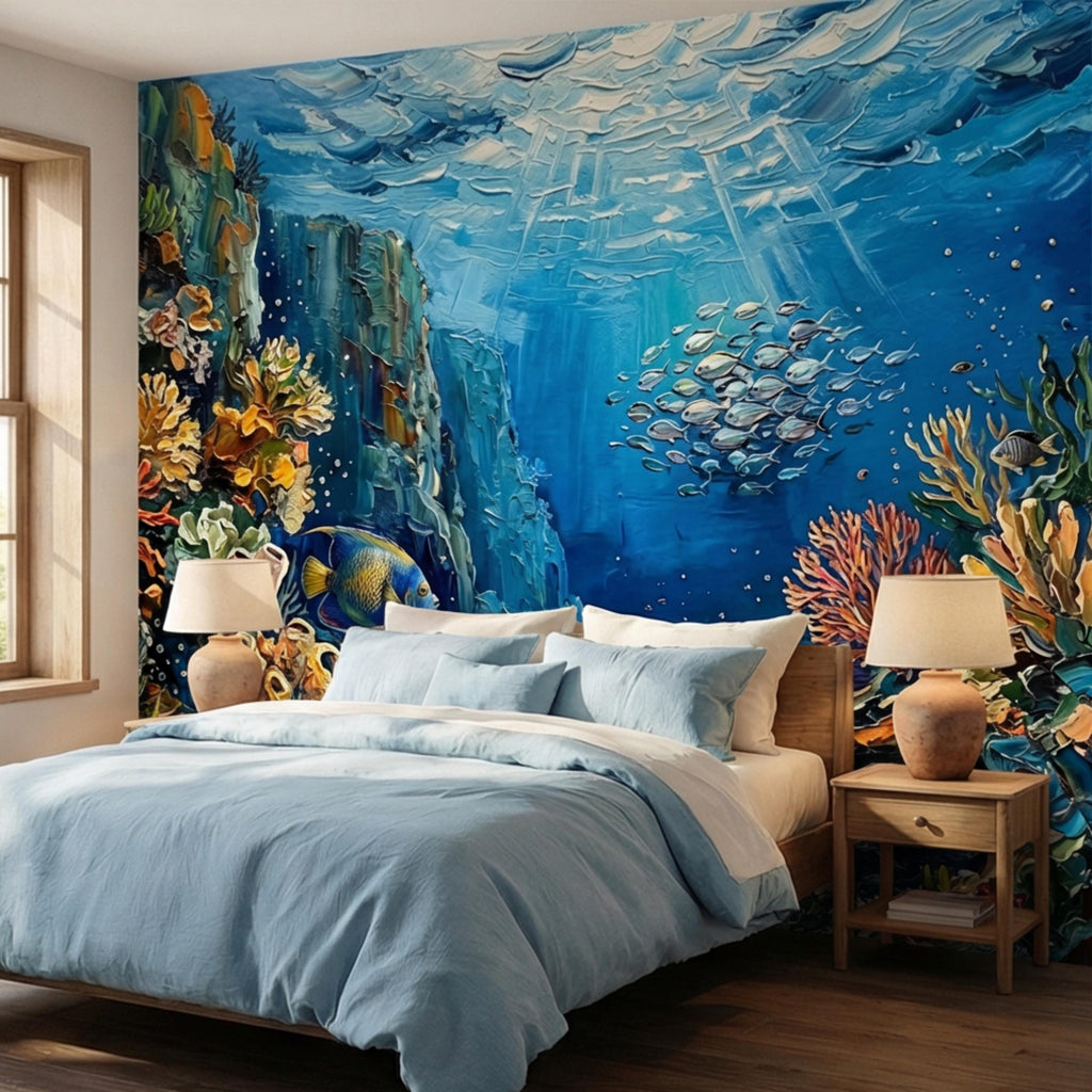 Vibrant Underwater Coral Reef Peel and Stick Wall Mural, Tropical Fish Ocean Scene Coastal Marine Life Wallpaper