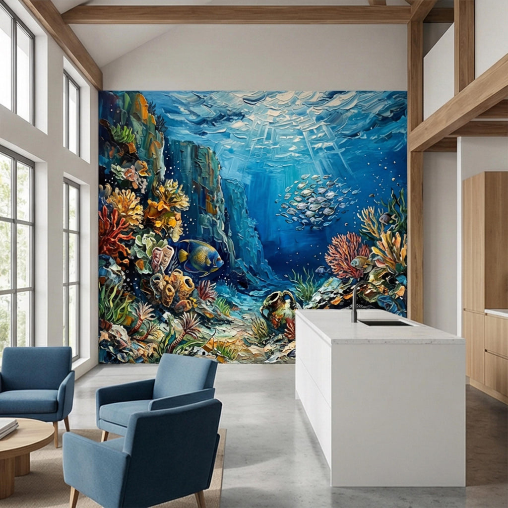 Vibrant Underwater Coral Reef Peel and Stick Wall Mural, Tropical Fish Ocean Scene Coastal Marine Life Wallpaper