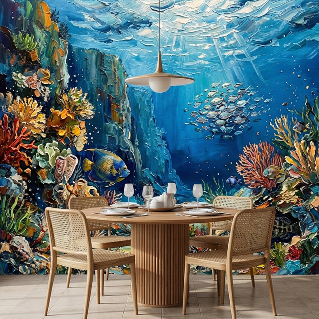 Vibrant Underwater Coral Reef Peel and Stick Wall Mural, Tropical Fish Ocean Scene Coastal Marine Life Wallpaper