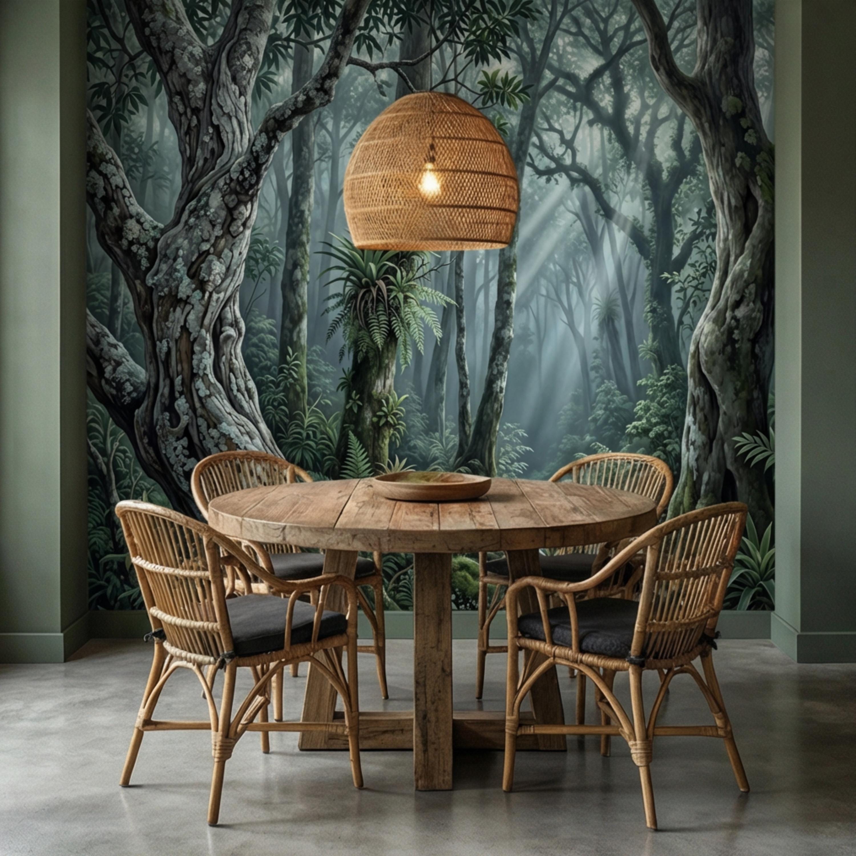 Enchanted Forest Peel and Stick Wall Mural, Moody Woodland Trees with Sun Rays, Lush Green Nature Landscape Wallpaper