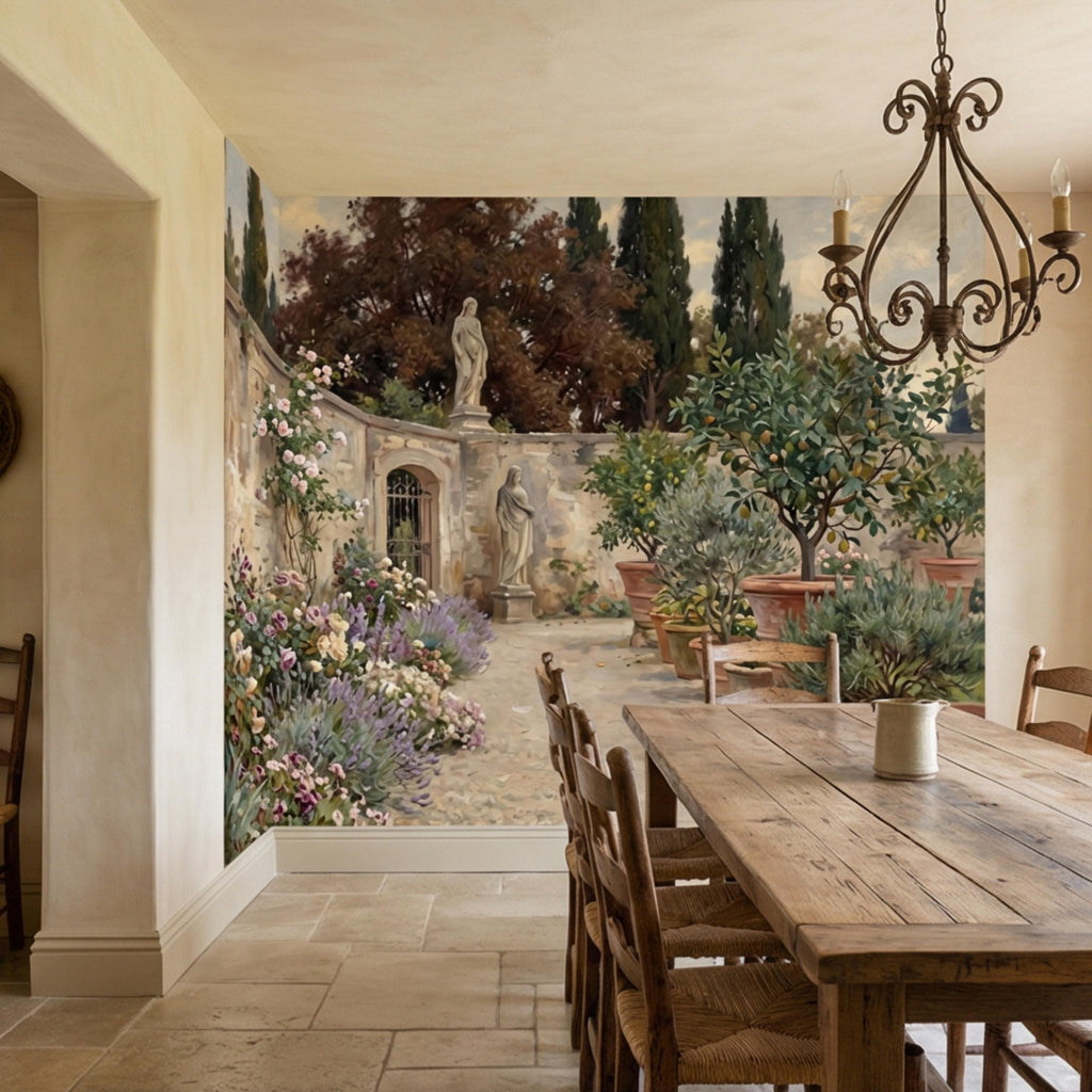 Vintage Italian Courtyard Garden Peel and Stick Wall Mural, Lemon Trees Classical Statues Mediterranean Villa Wallpaper