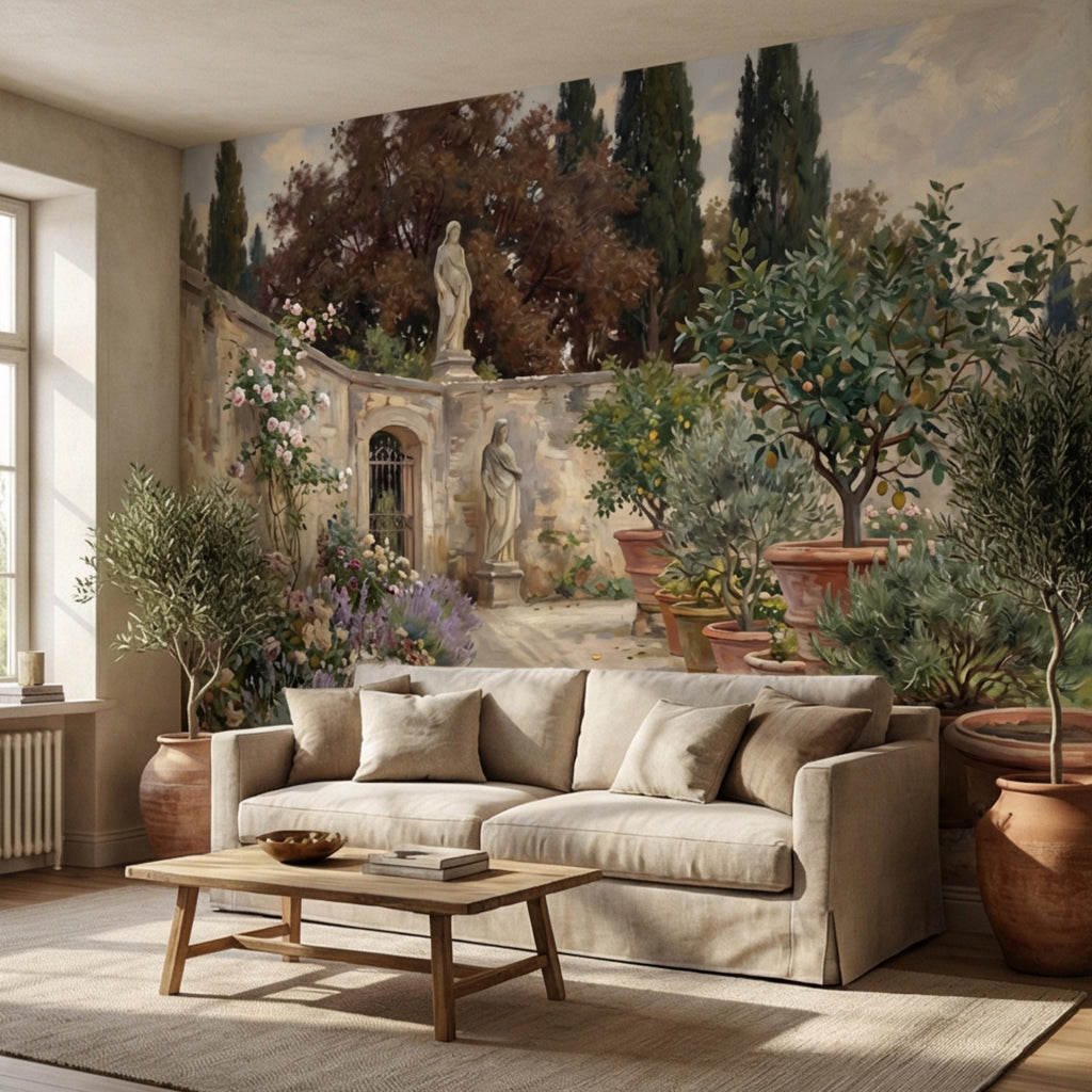 Vintage Italian Courtyard Garden Peel and Stick Wall Mural, Lemon Trees Classical Statues Mediterranean Villa Wallpaper