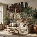 Vintage Italian Courtyard Garden Peel and Stick Wall Mural, Lemon Trees Classical Statues Mediterranean Villa Wallpaper