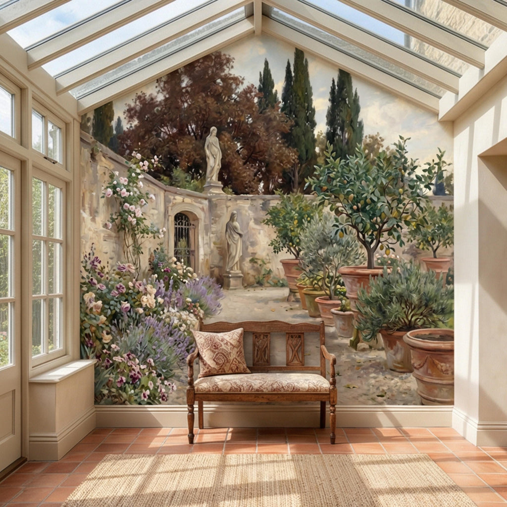 Vintage Italian Courtyard Garden Peel and Stick Wall Mural, Lemon Trees Classical Statues Mediterranean Villa Wallpaper