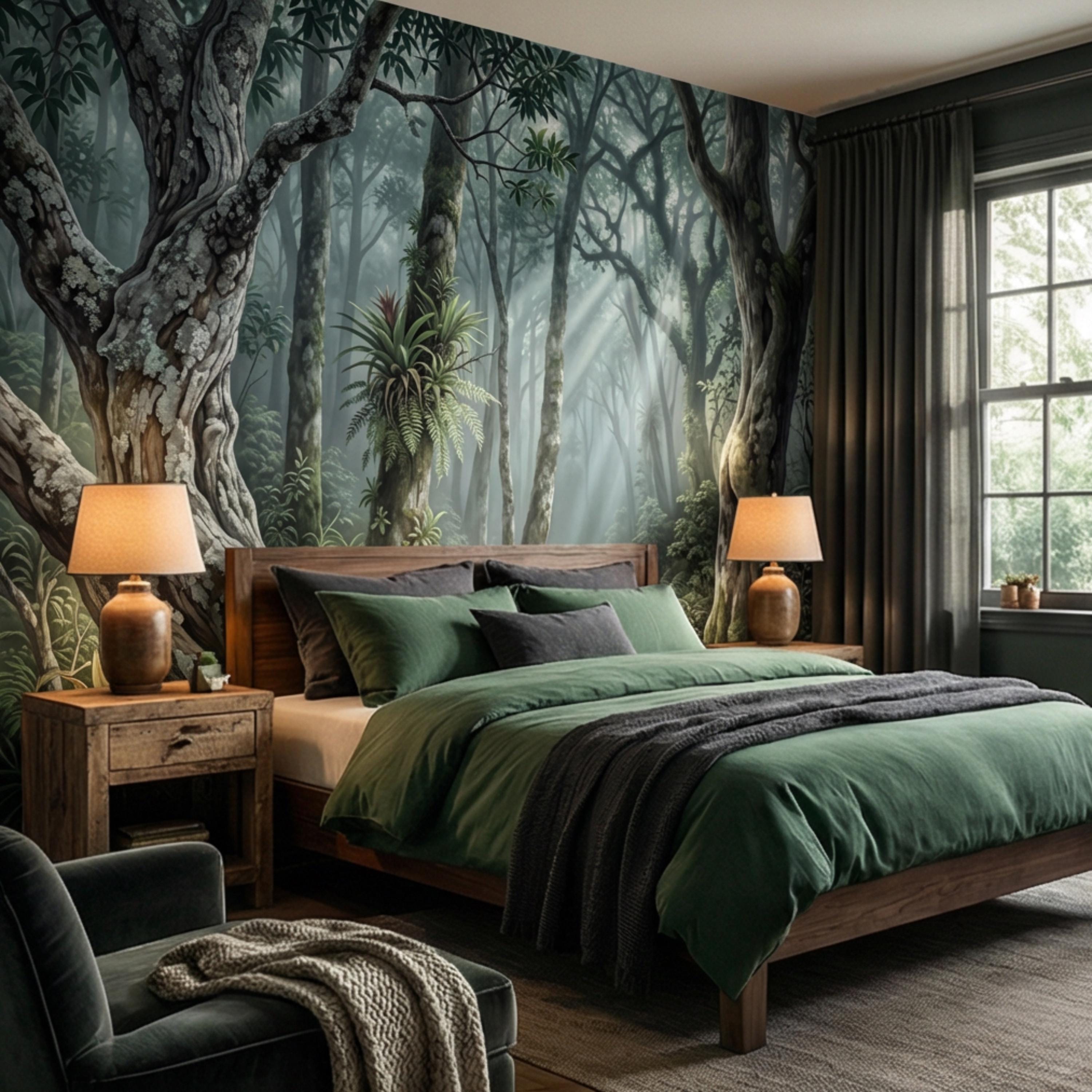 Enchanted Forest Peel and Stick Wall Mural, Moody Woodland Trees with Sun Rays, Lush Green Nature Landscape Wallpaper