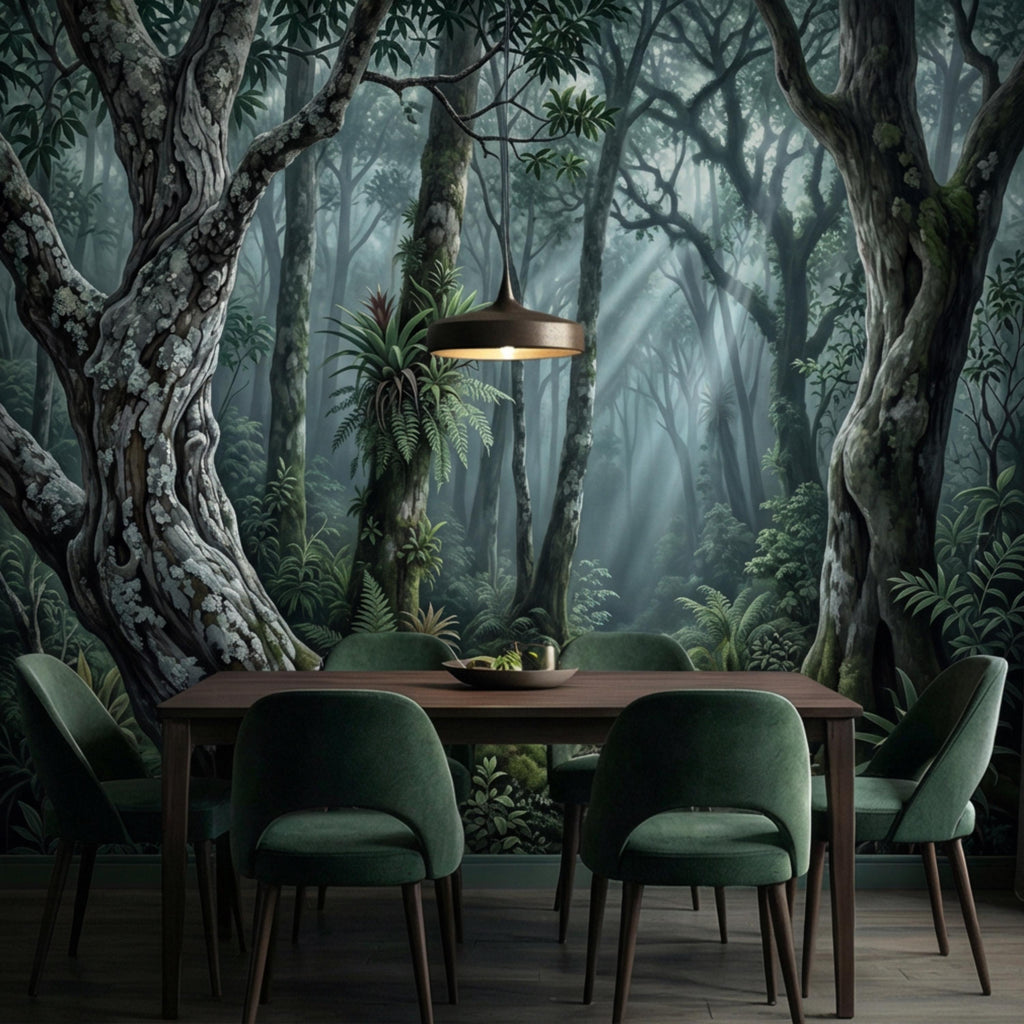 Enchanted Forest Peel and Stick Wall Mural, Moody Woodland Trees with Sun Rays, Lush Green Nature Landscape Wallpaper