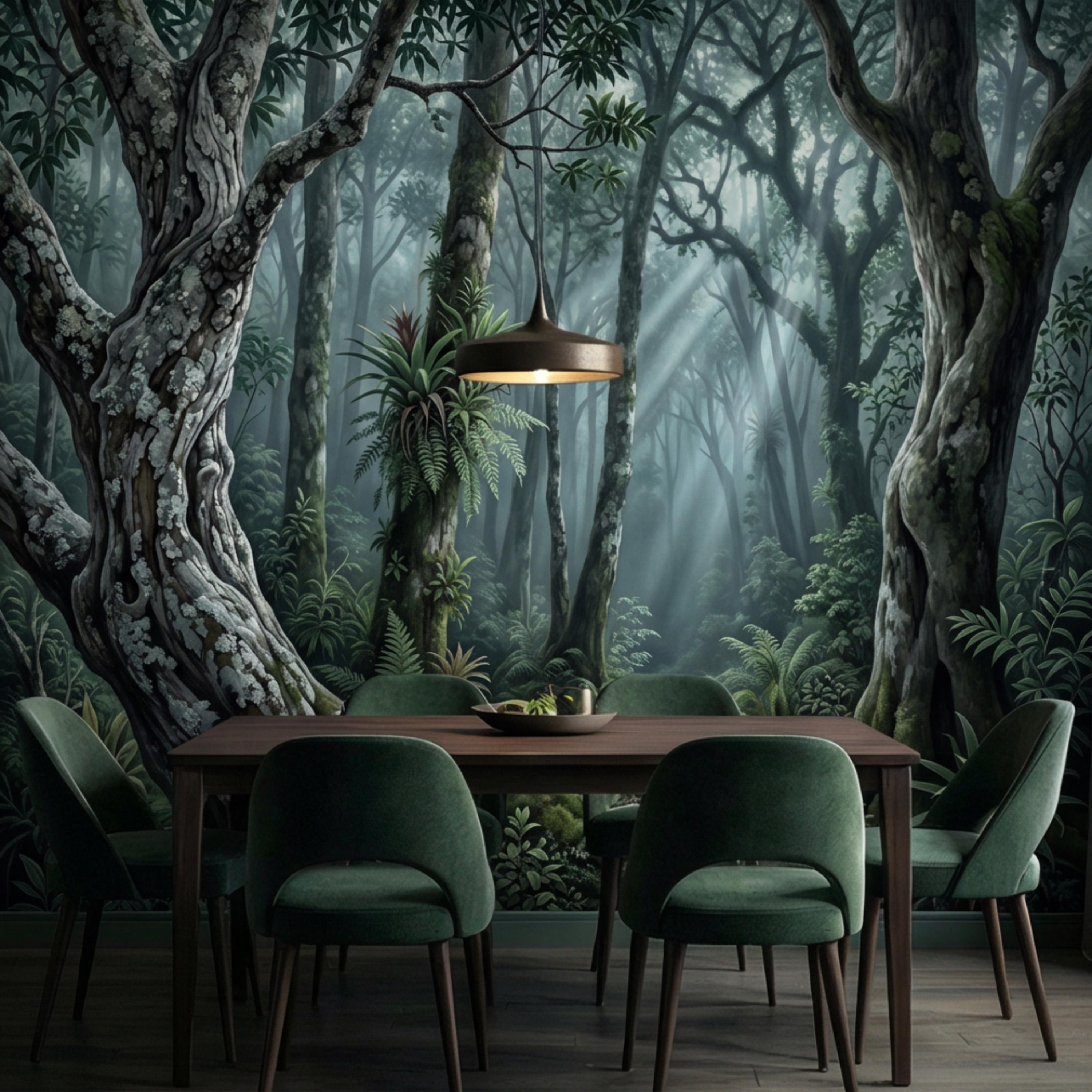 Enchanted Forest Peel and Stick Wall Mural, Moody Woodland Trees with Sun Rays, Lush Green Nature Landscape Wallpaper