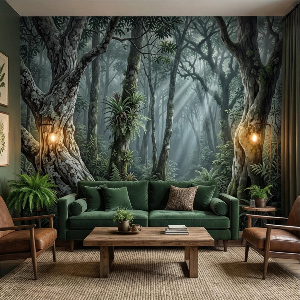 Enchanted Forest Peel and Stick Wall Mural, Moody Woodland Trees with Sun Rays, Lush Green Nature Landscape Wallpaper