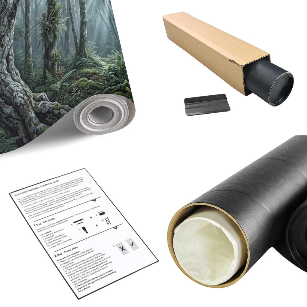 Enchanted Forest Peel and Stick Wall Mural, Moody Woodland Trees with Sun Rays, Lush Green Nature Landscape Wallpaper
