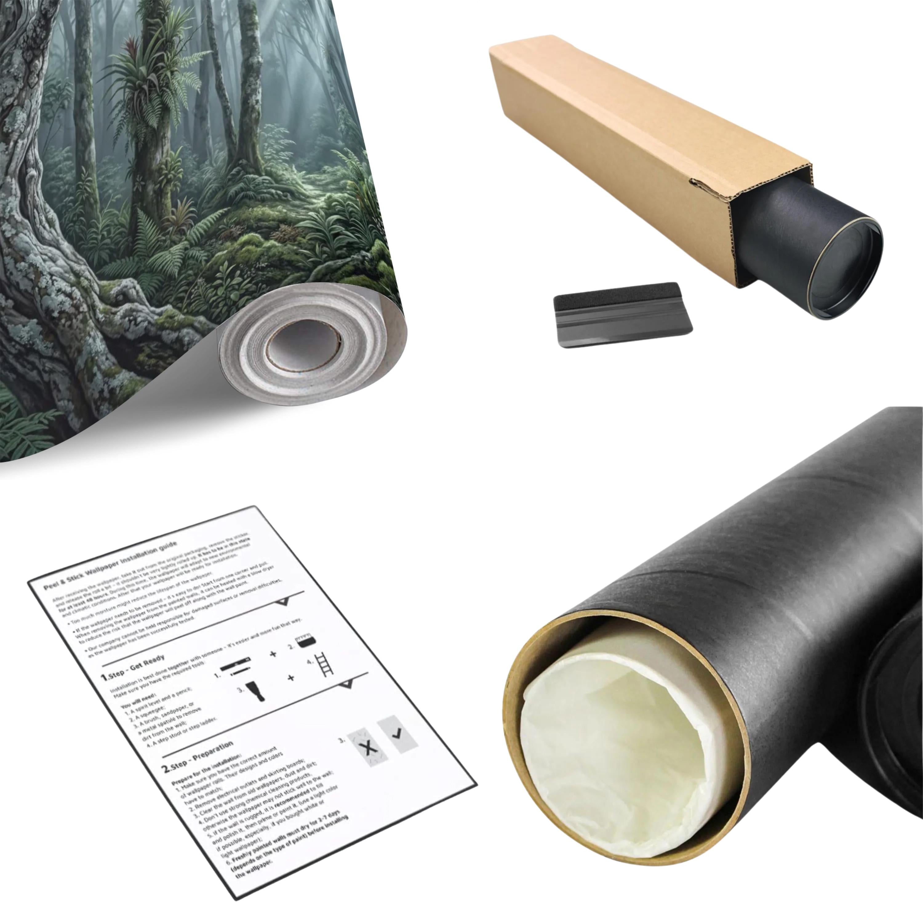 Enchanted Forest Peel and Stick Wall Mural, Moody Woodland Trees with Sun Rays, Lush Green Nature Landscape Wallpaper