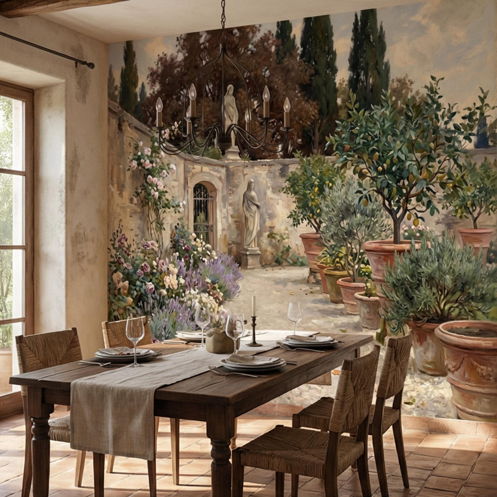 Vintage Italian Courtyard Garden Peel and Stick Wall Mural, Lemon Trees Classical Statues Mediterranean Villa Wallpaper