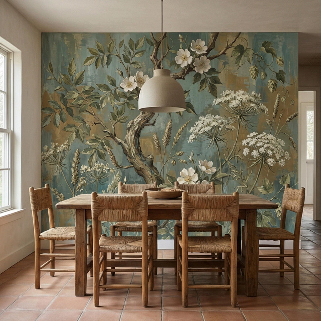 Vintage Botanical Peel and Stick Wall Mural, Rustic Wildflower Tree, Moody Floral Garden Wallpaper, Antique Nature Wallcovering