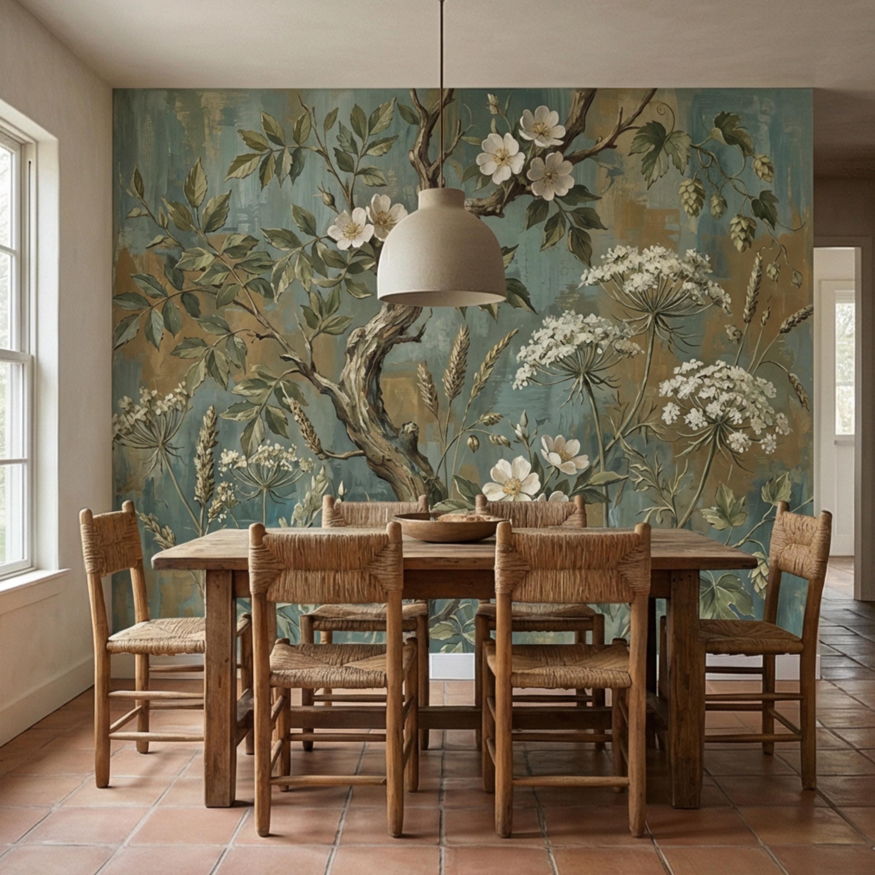 Vintage Botanical Peel and Stick Wall Mural, Rustic Wildflower Tree, Moody Floral Garden Wallpaper, Antique Nature Wallcovering
