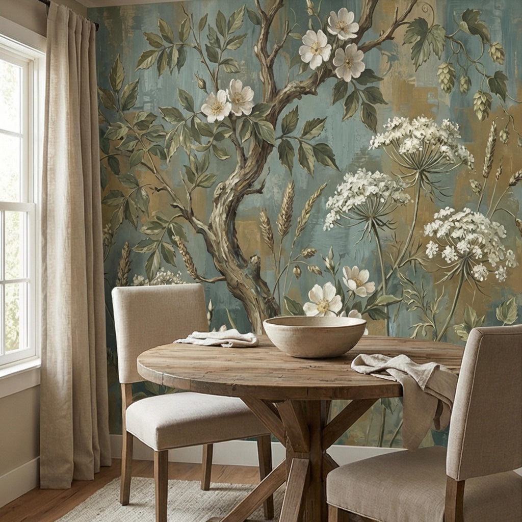 Vintage Botanical Peel and Stick Wall Mural, Rustic Wildflower Tree, Moody Floral Garden Wallpaper, Antique Nature Wallcovering