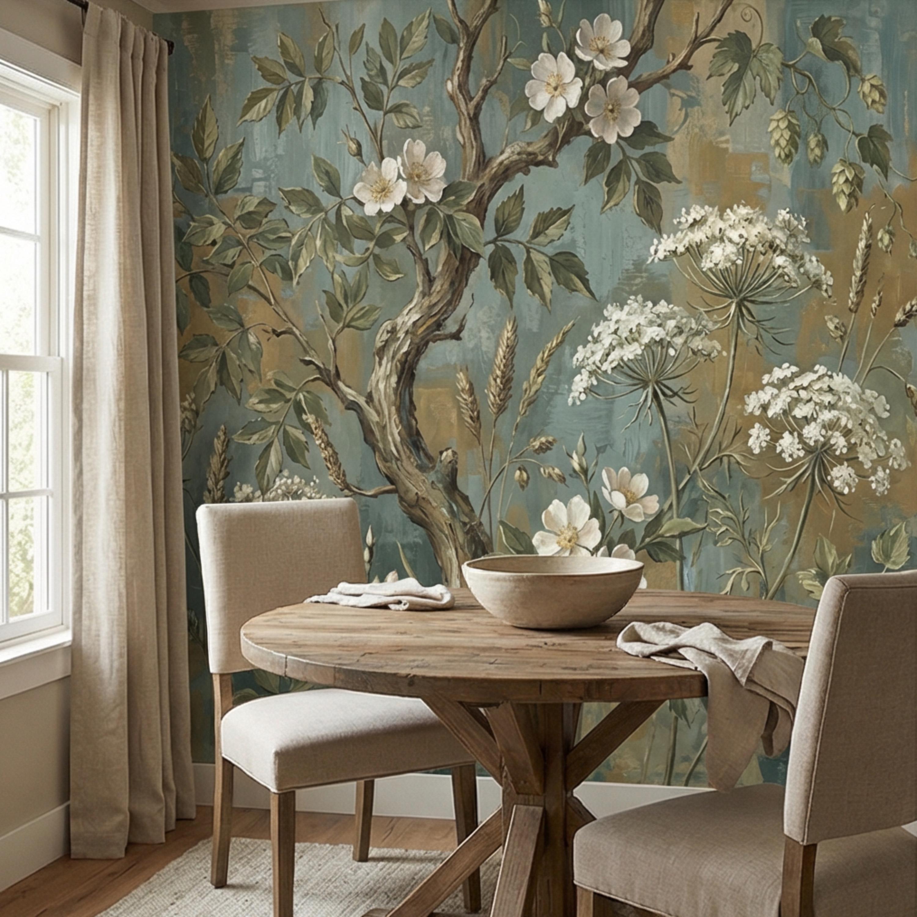 Vintage Botanical Peel and Stick Wall Mural, Rustic Wildflower Tree, Moody Floral Garden Wallpaper, Antique Nature Wallcovering