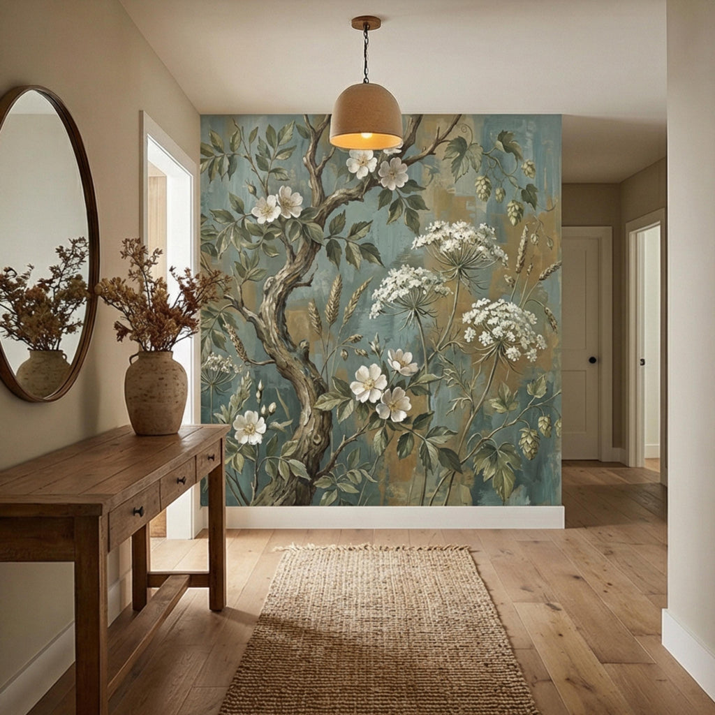 Vintage Botanical Peel and Stick Wall Mural, Rustic Wildflower Tree, Moody Floral Garden Wallpaper, Antique Nature Wallcovering
