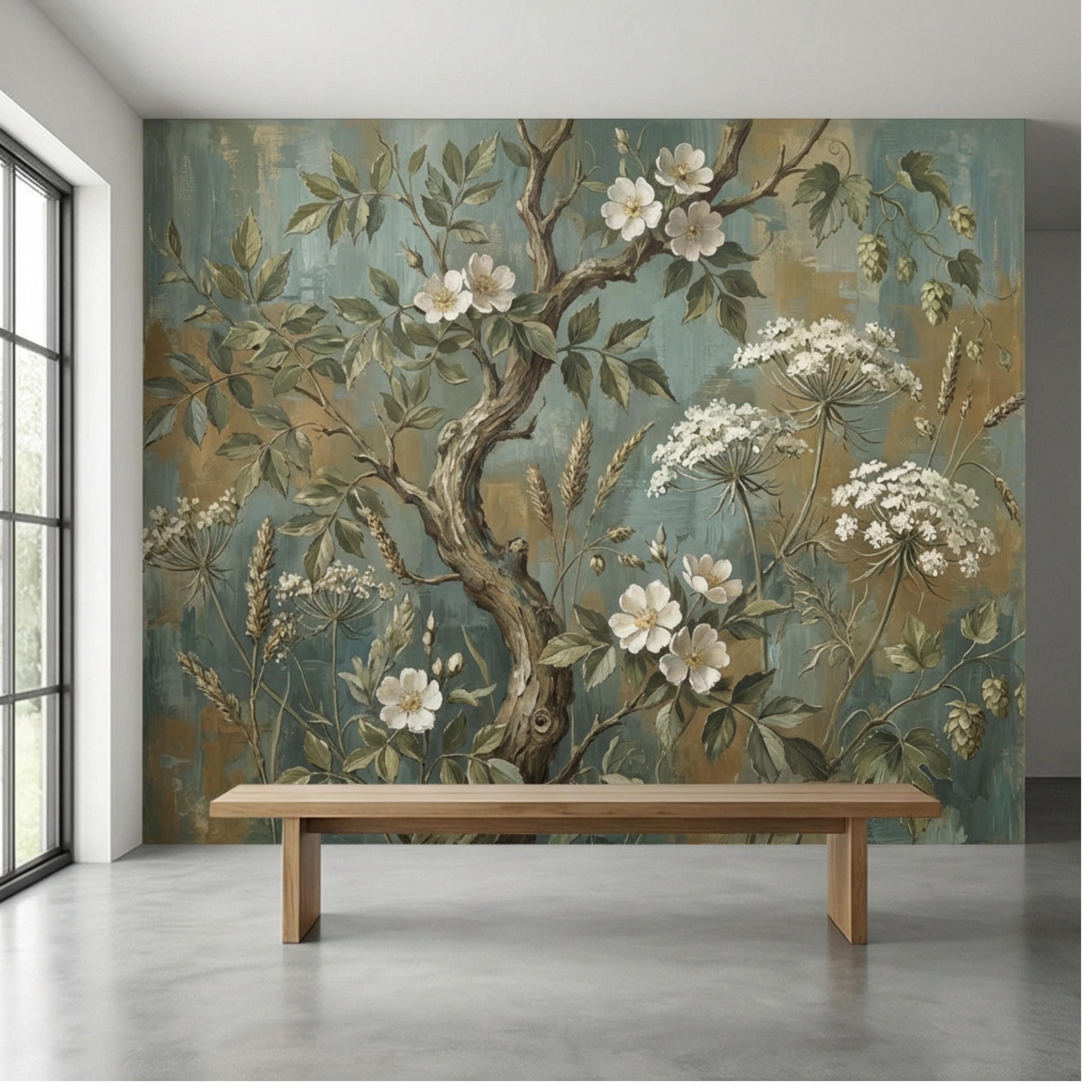 Vintage Botanical Peel and Stick Wall Mural, Rustic Wildflower Tree, Moody Floral Garden Wallpaper, Antique Nature Wallcovering
