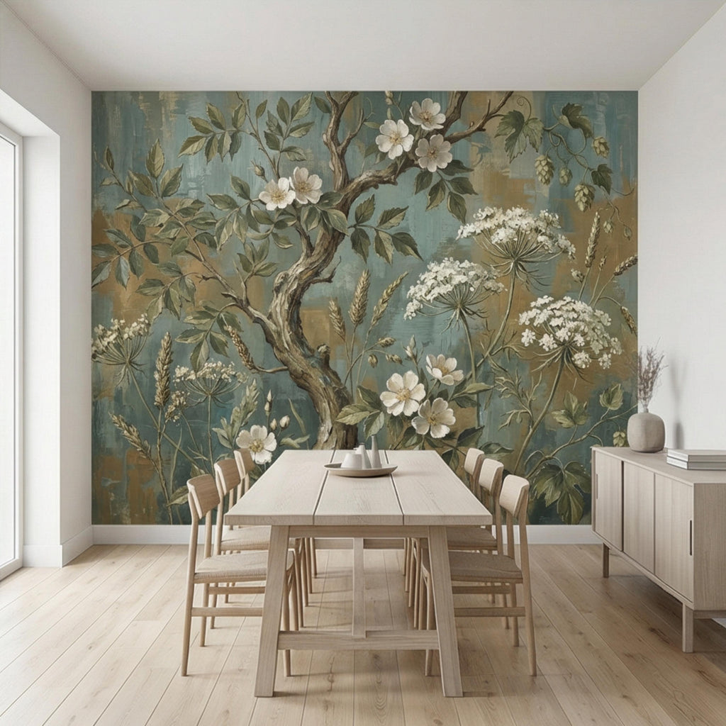Vintage Botanical Peel and Stick Wall Mural, Rustic Wildflower Tree, Moody Floral Garden Wallpaper, Antique Nature Wallcovering