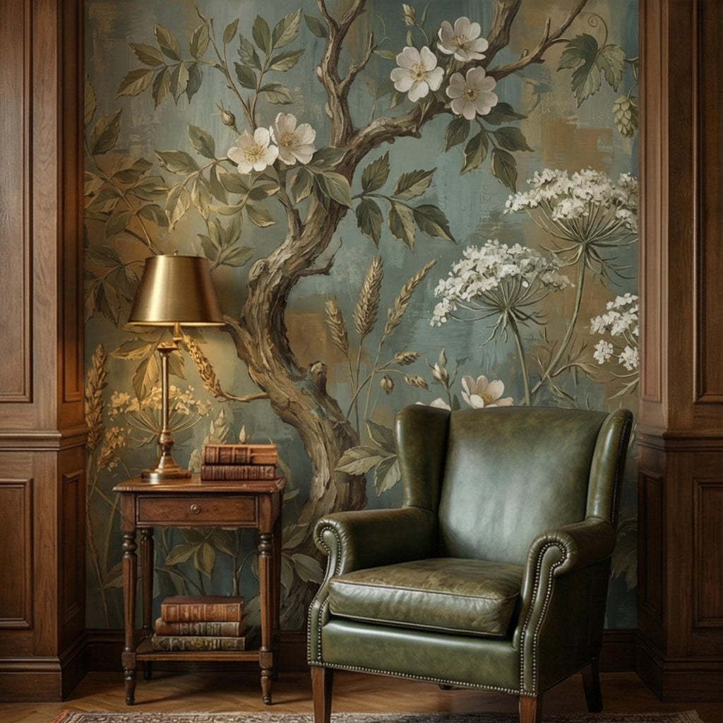 Vintage Botanical Peel and Stick Wall Mural, Rustic Wildflower Tree, Moody Floral Garden Wallpaper, Antique Nature Wallcovering