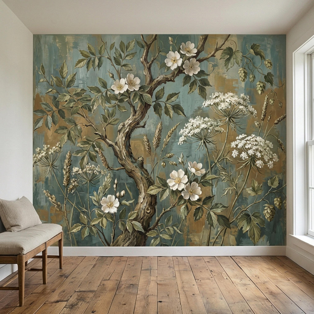 Vintage Botanical Peel and Stick Wall Mural, Rustic Wildflower Tree, Moody Floral Garden Wallpaper, Antique Nature Wallcovering