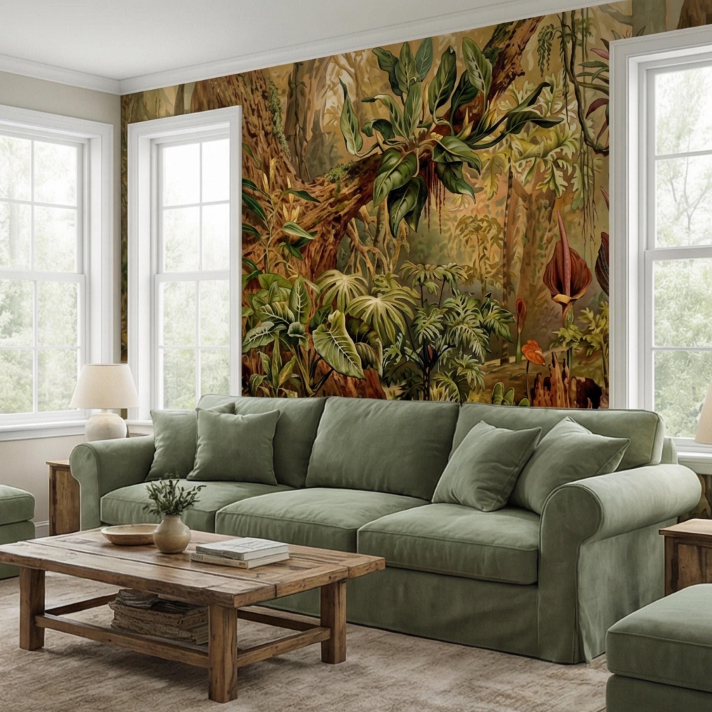 Vintage Tropical Jungle Peel and Stick Wall Mural, Lush Botanical Rainforest with Exotic Plants, Antique Style Nature Wallpaper
