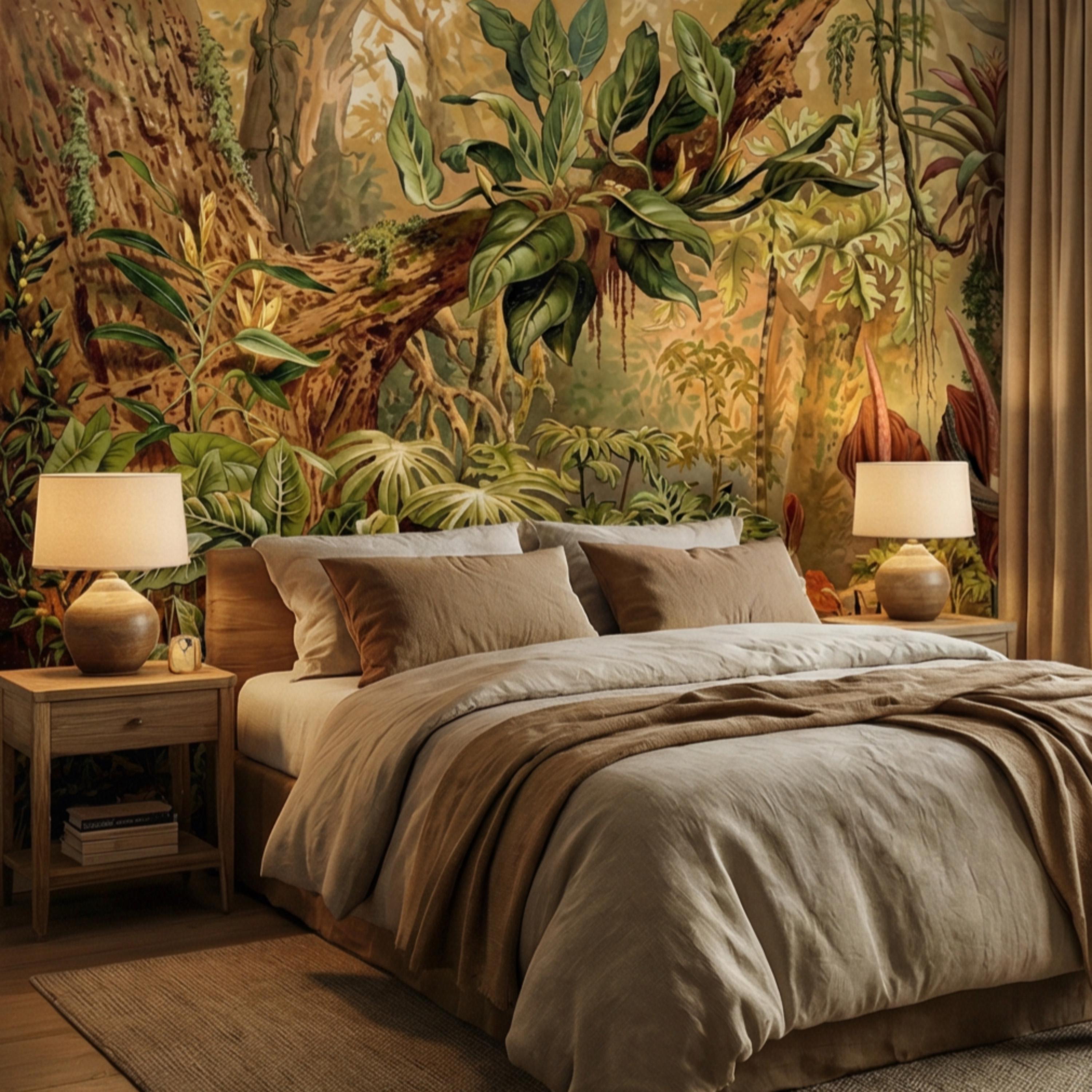 Vintage Tropical Jungle Peel and Stick Wall Mural, Lush Botanical Rainforest with Exotic Plants, Antique Style Nature Wallpaper