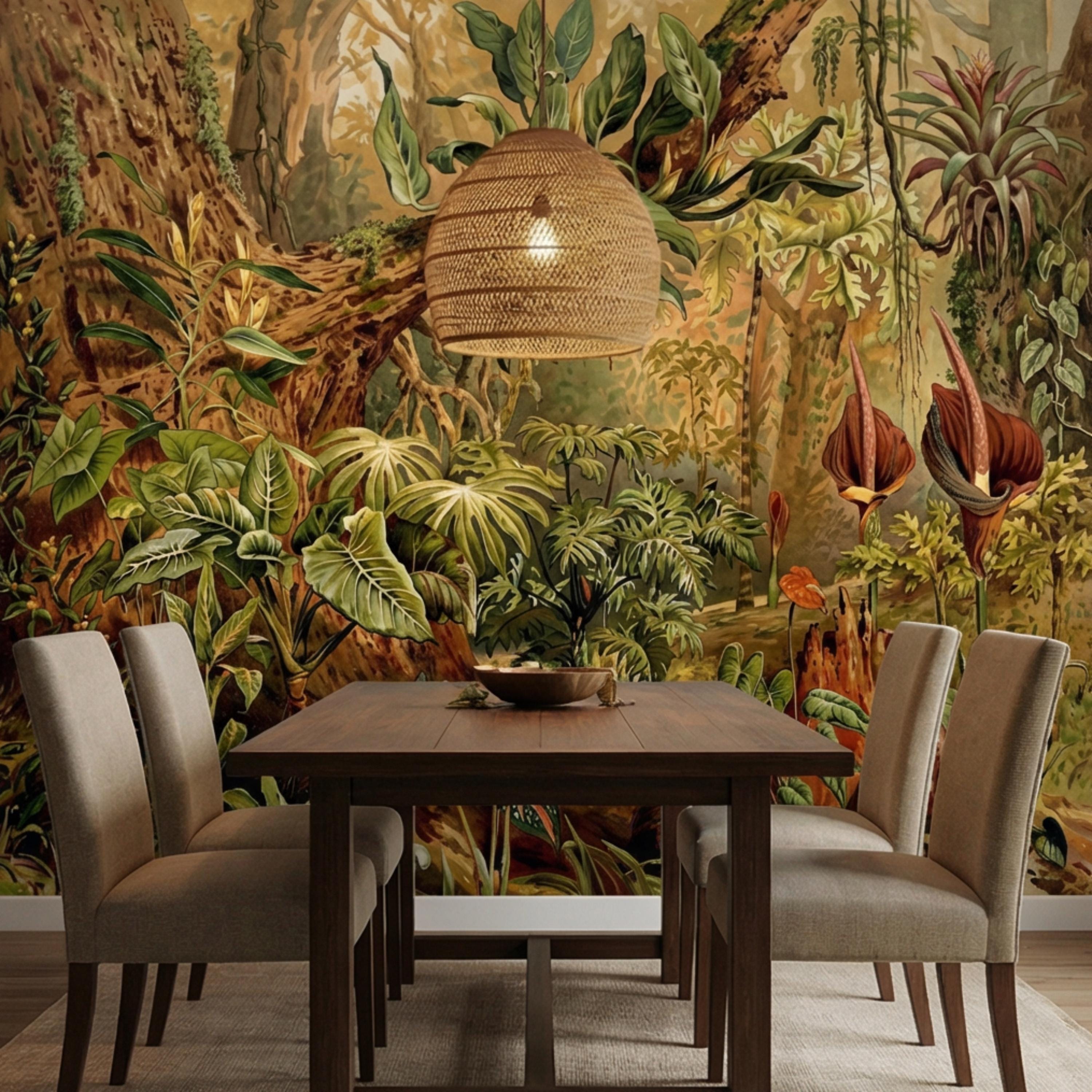 Vintage Tropical Jungle Peel and Stick Wall Mural, Lush Botanical Rainforest with Exotic Plants, Antique Style Nature Wallpaper