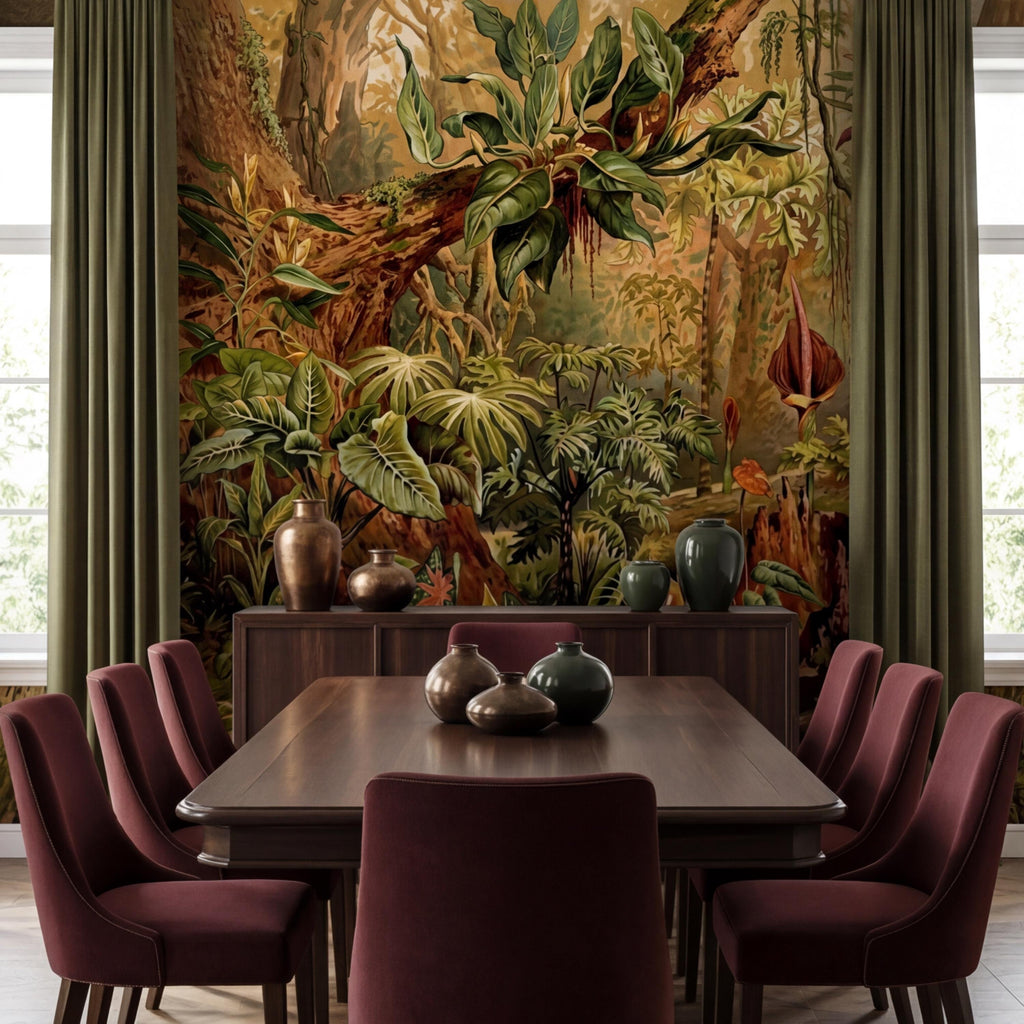 Vintage Tropical Jungle Peel and Stick Wall Mural, Lush Botanical Rainforest with Exotic Plants, Antique Style Nature Wallpaper