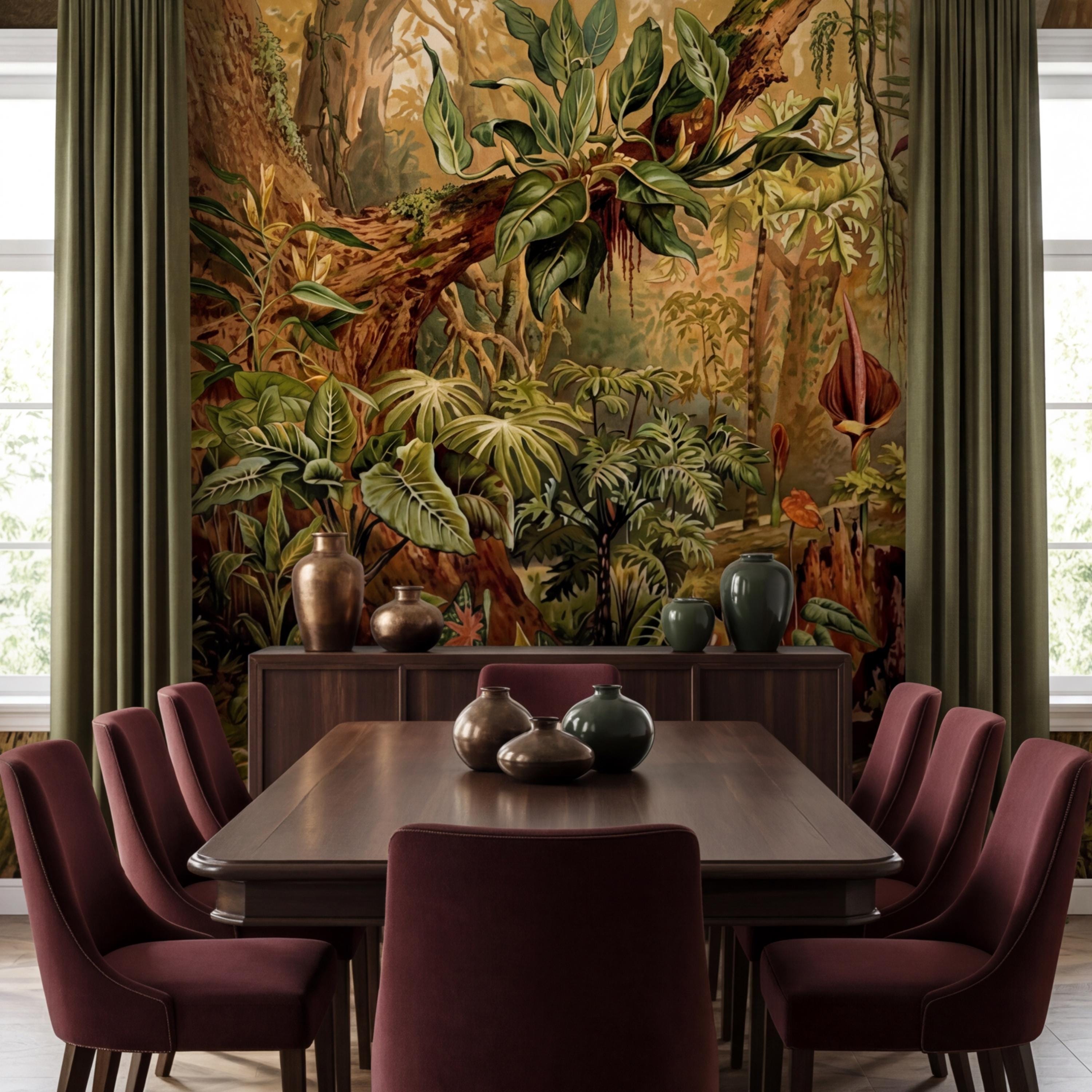 Vintage Tropical Jungle Peel and Stick Wall Mural, Lush Botanical Rainforest with Exotic Plants, Antique Style Nature Wallpaper