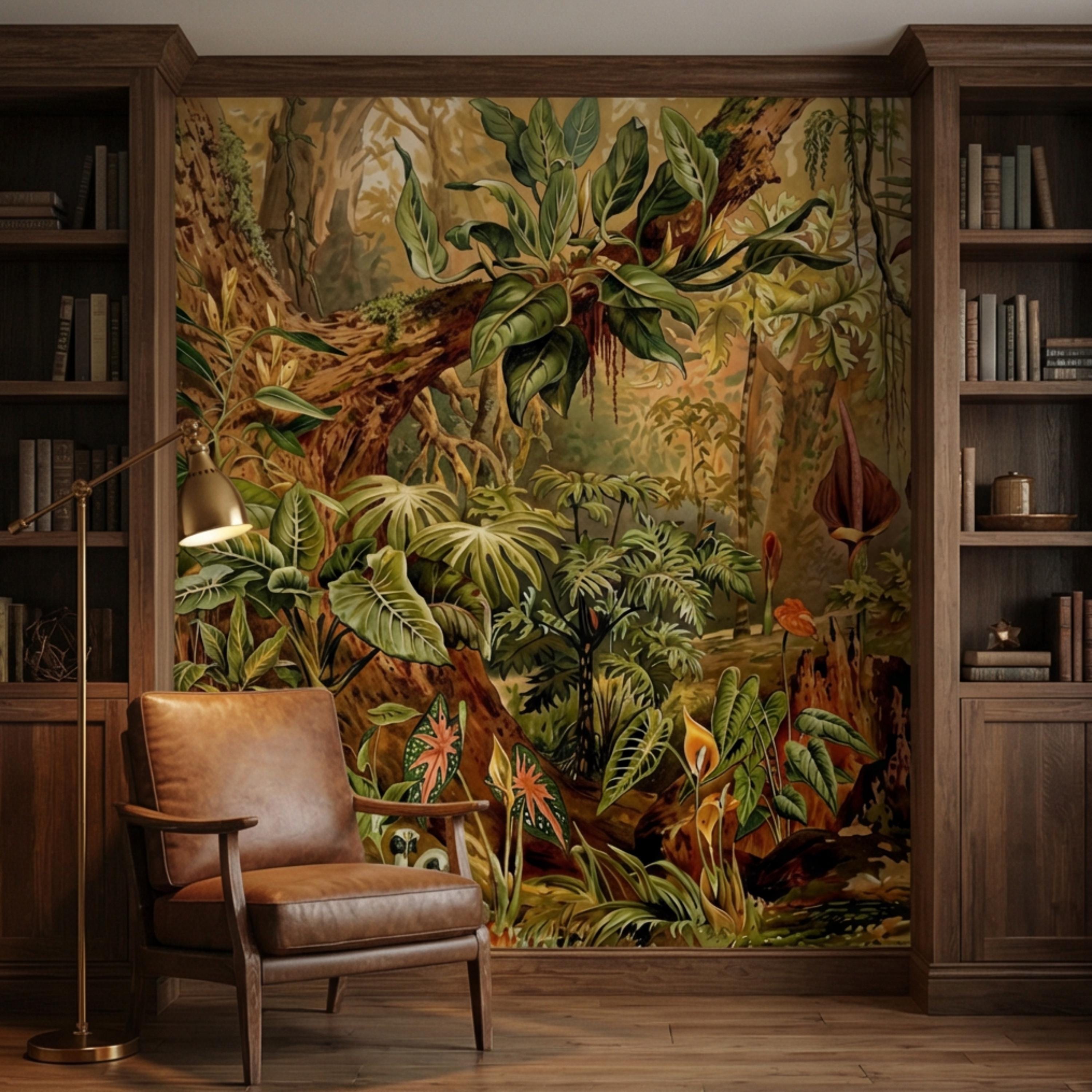 Vintage Tropical Jungle Peel and Stick Wall Mural, Lush Botanical Rainforest with Exotic Plants, Antique Style Nature Wallpaper