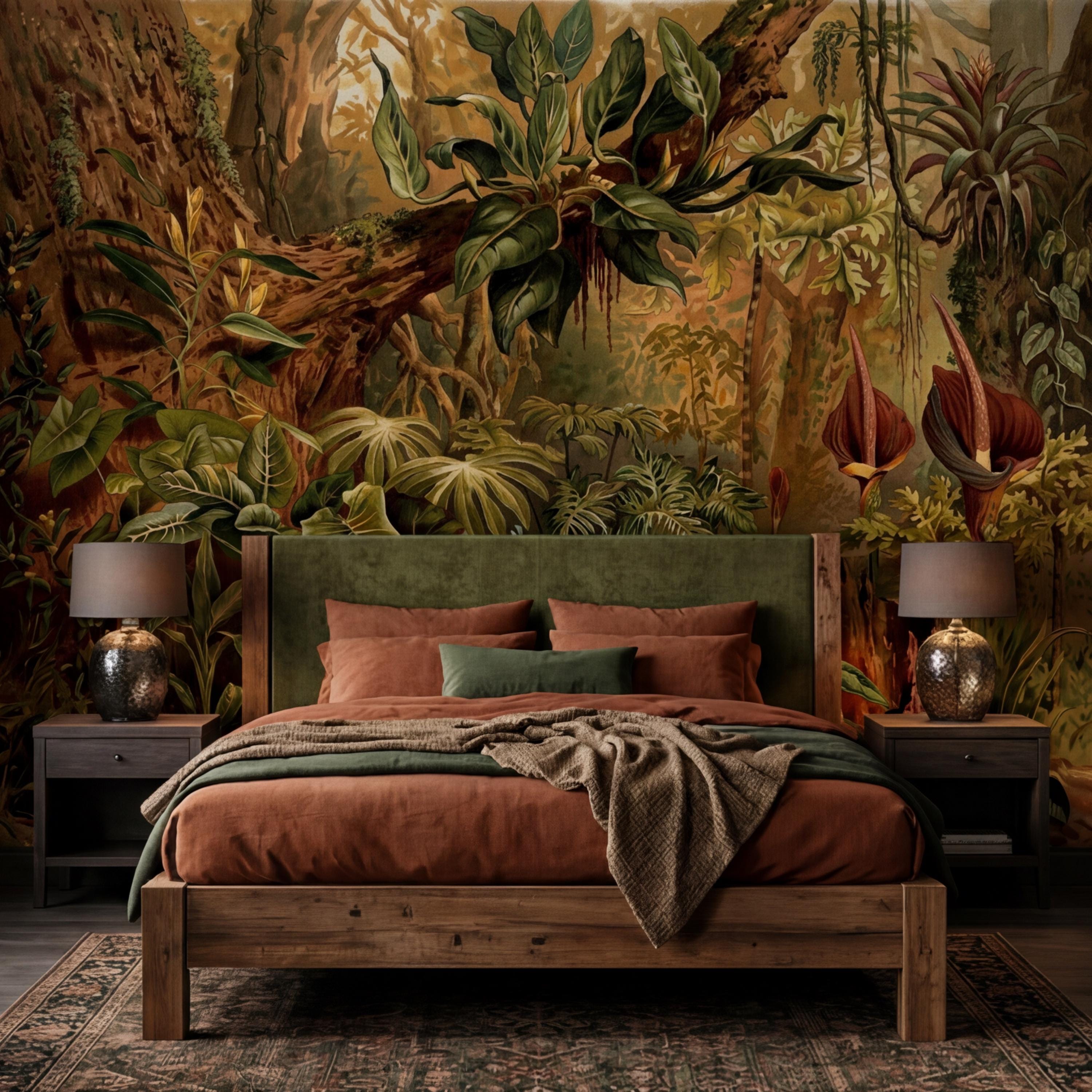 Vintage Tropical Jungle Peel and Stick Wall Mural, Lush Botanical Rainforest with Exotic Plants, Antique Style Nature Wallpaper