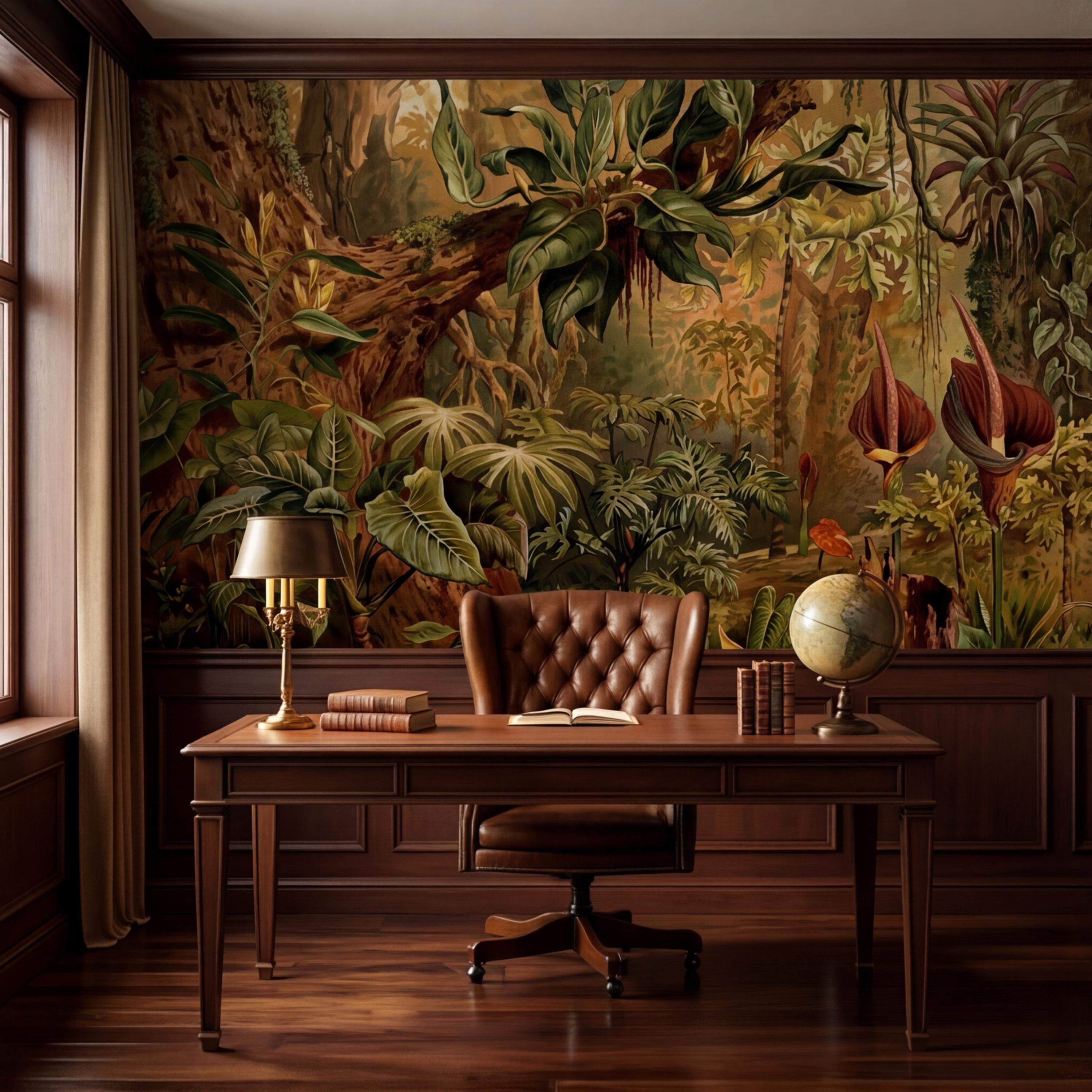Vintage Tropical Jungle Peel and Stick Wall Mural, Lush Botanical Rainforest with Exotic Plants, Antique Style Nature Wallpaper