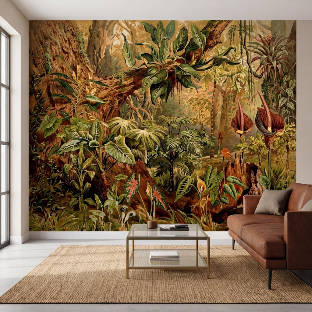 Vintage Tropical Jungle Peel and Stick Wall Mural, Lush Botanical Rainforest with Exotic Plants, Antique Style Nature Wallpaper