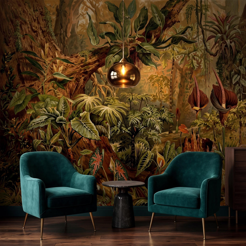 Vintage Tropical Jungle Peel and Stick Wall Mural, Lush Botanical Rainforest with Exotic Plants, Antique Style Nature Wallpaper