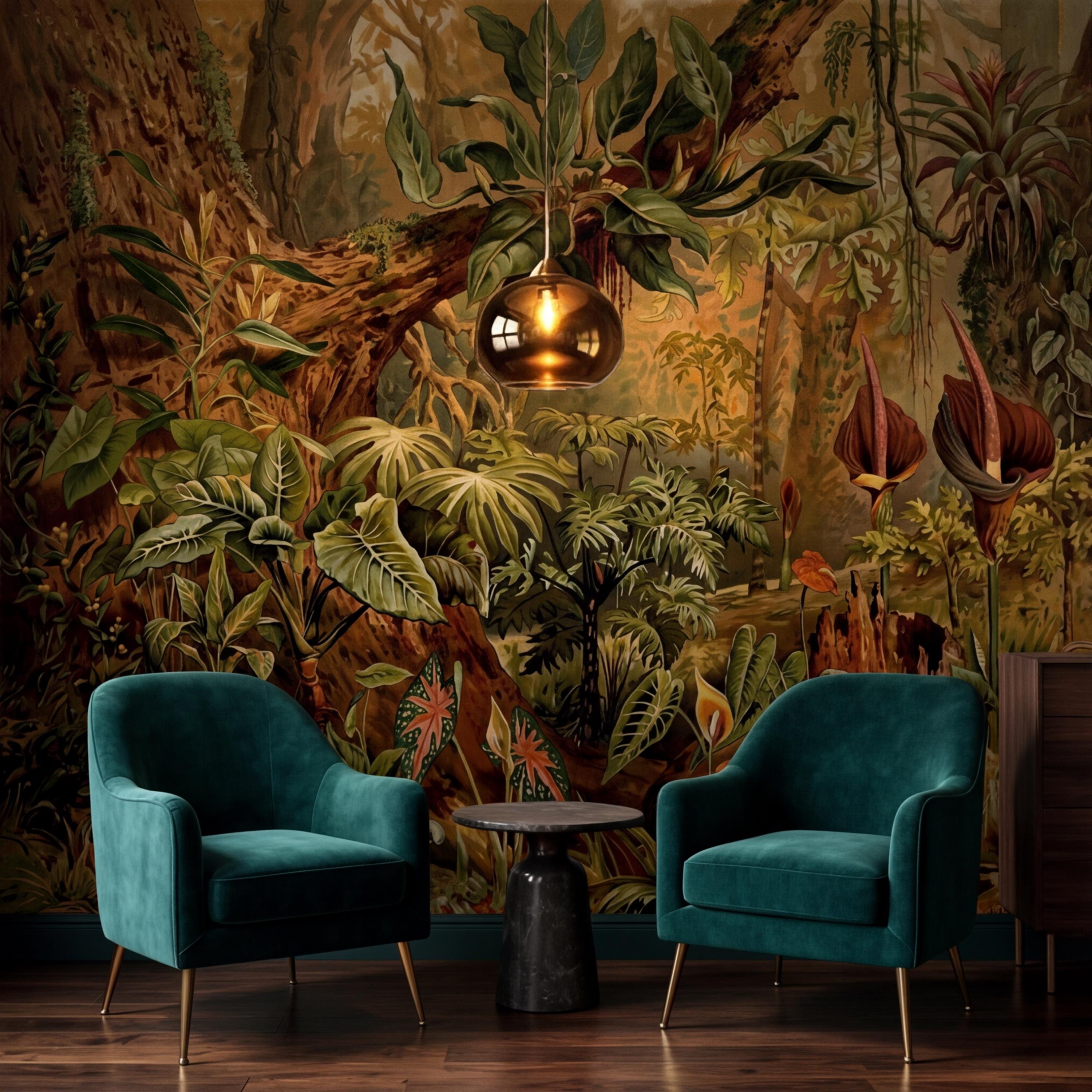 Vintage Tropical Jungle Peel and Stick Wall Mural, Lush Botanical Rainforest with Exotic Plants, Antique Style Nature Wallpaper