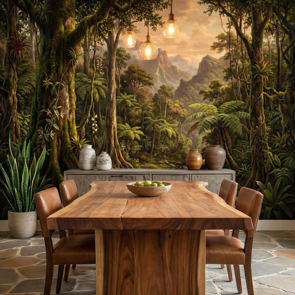 Vintage Tropical Rainforest Landscape Peel and Stick Wall Mural, Lush Jungle Forest with River and Mountains, Exotic Botanical Wallpaper