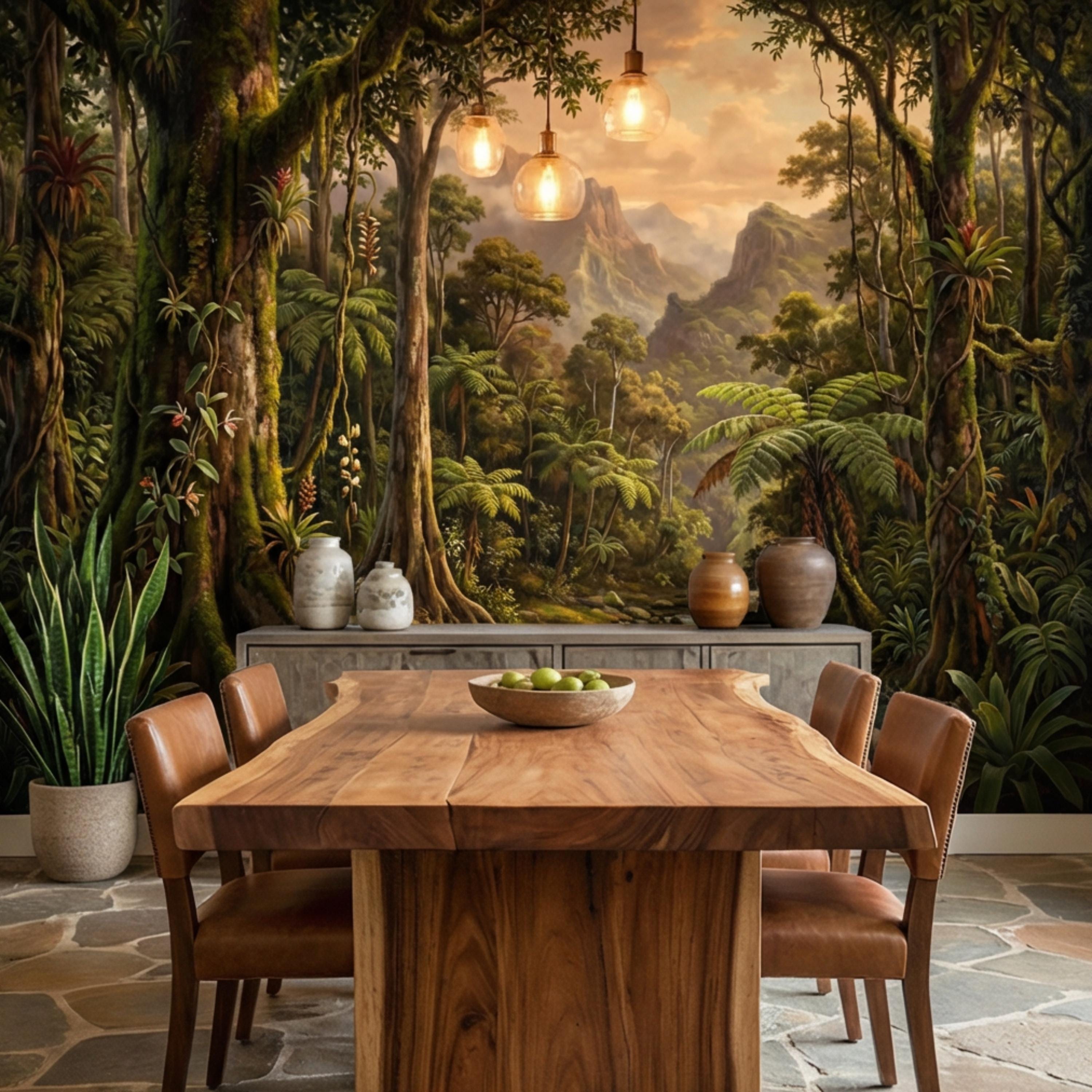 Vintage Tropical Rainforest Landscape Peel and Stick Wall Mural, Lush Jungle Forest with River and Mountains, Exotic Botanical Wallpaper