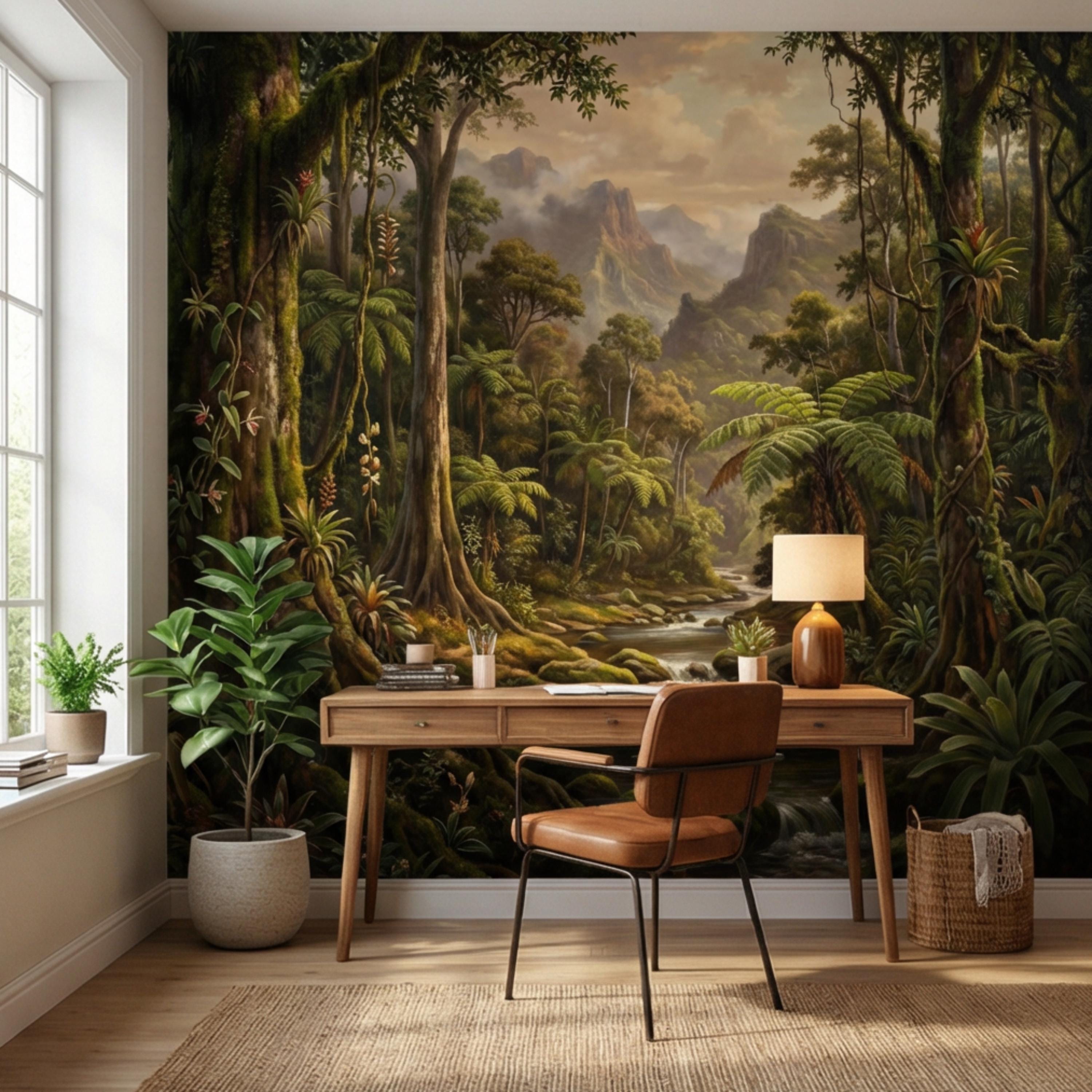 Vintage Tropical Rainforest Landscape Peel and Stick Wall Mural, Lush Jungle Forest with River and Mountains, Exotic Botanical Wallpaper
