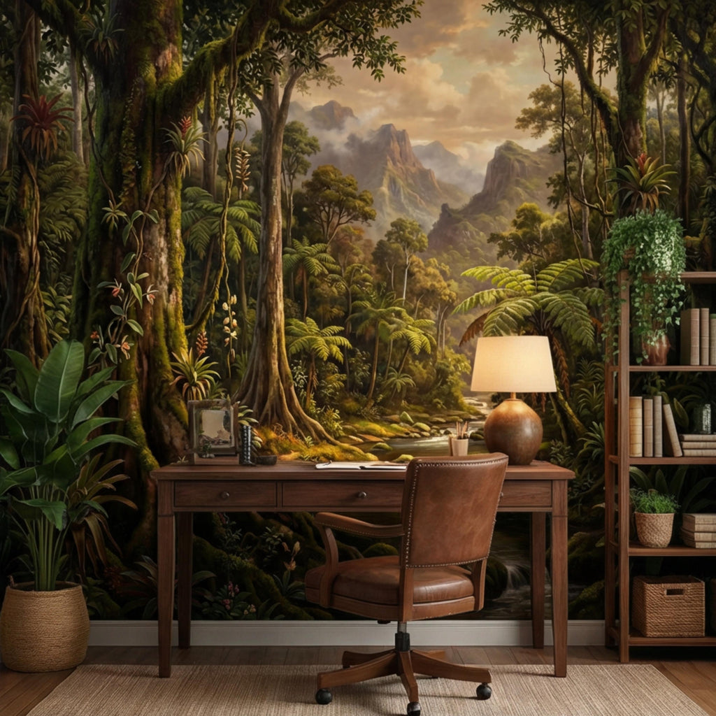 Vintage Tropical Rainforest Landscape Peel and Stick Wall Mural, Lush Jungle Forest with River and Mountains, Exotic Botanical Wallpaper