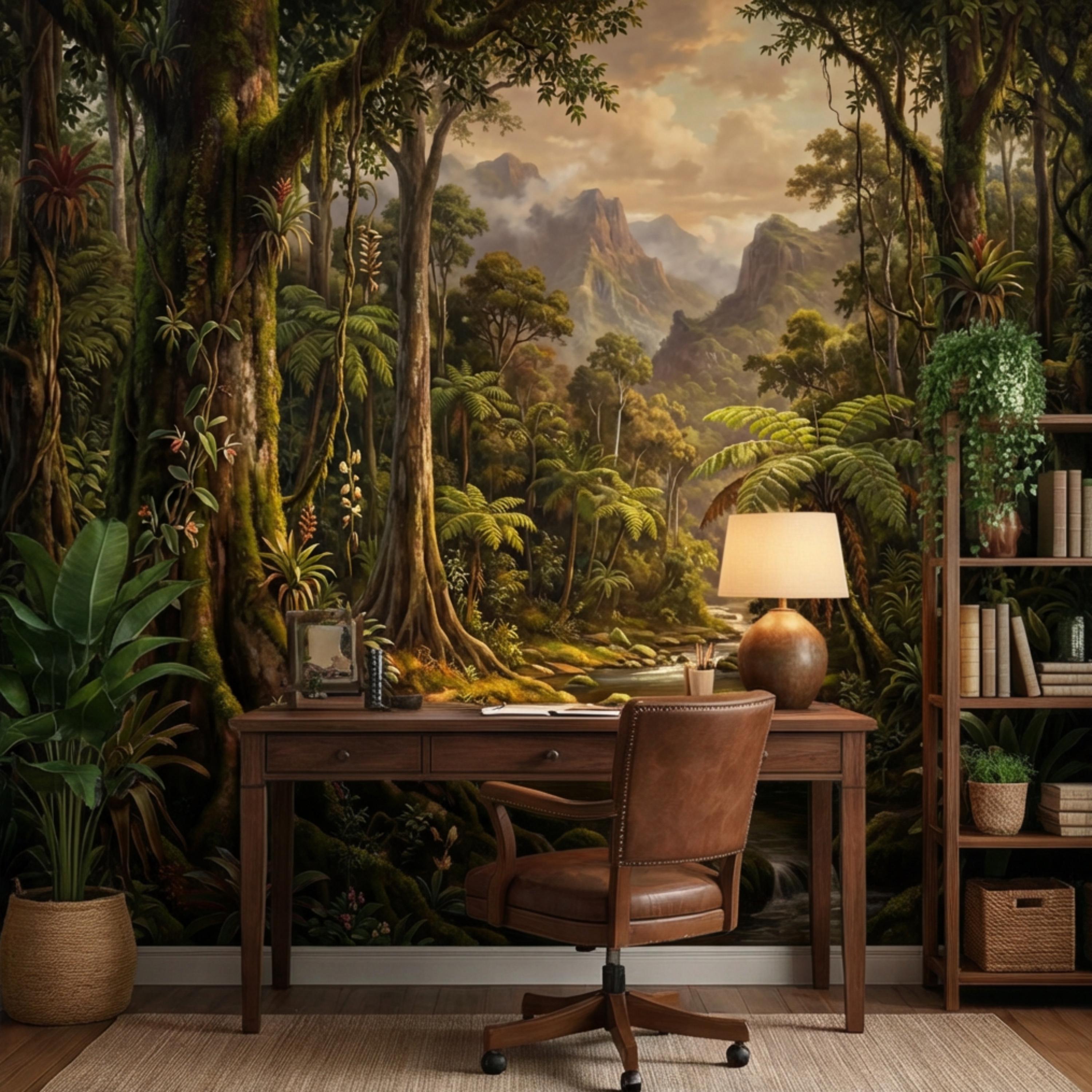 Vintage Tropical Rainforest Landscape Peel and Stick Wall Mural, Lush Jungle Forest with River and Mountains, Exotic Botanical Wallpaper