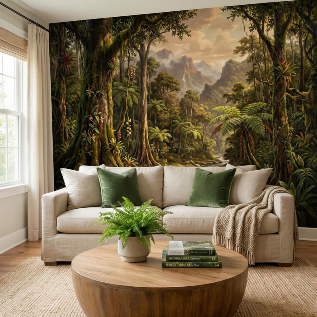 Vintage Tropical Rainforest Landscape Peel and Stick Wall Mural, Lush Jungle Forest with River and Mountains, Exotic Botanical Wallpaper