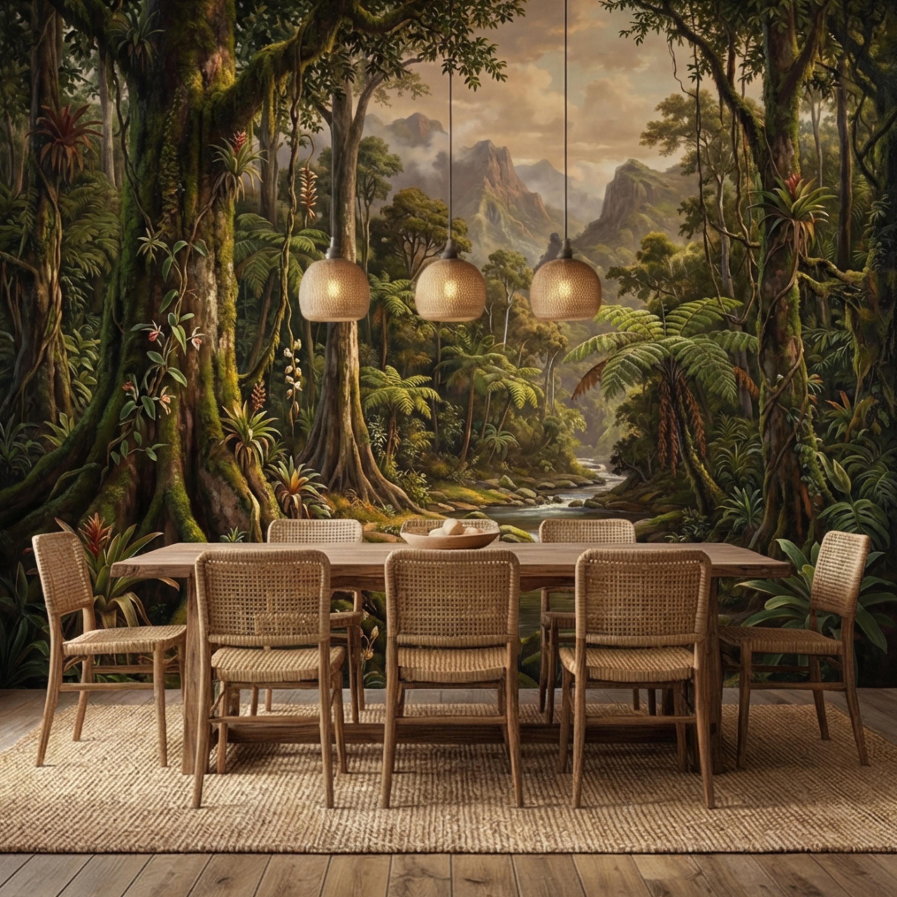 Vintage Tropical Rainforest Landscape Peel and Stick Wall Mural, Lush Jungle Forest with River and Mountains, Exotic Botanical Wallpaper