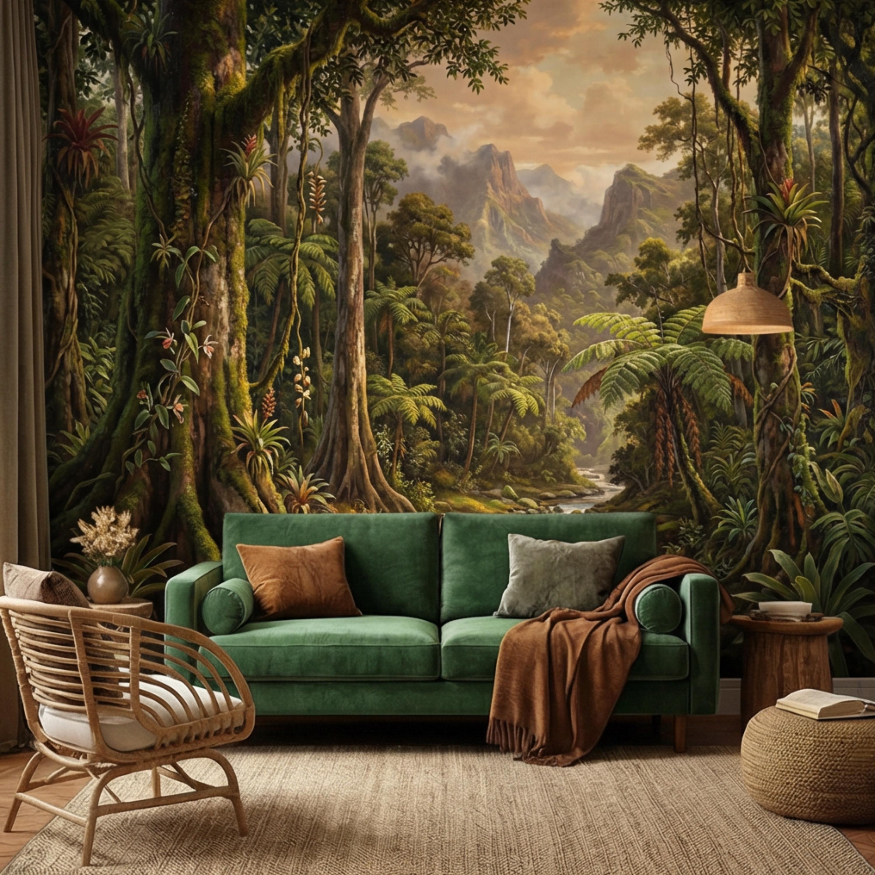 Vintage Tropical Rainforest Landscape Peel and Stick Wall Mural, Lush Jungle Forest with River and Mountains, Exotic Botanical Wallpaper