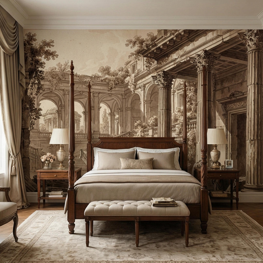 Vintage Roman Ruins Peel and Stick Wall Mural, Classical Architecture Columns and Arches Landscape, Antique Sepia Engraving Wallpaper