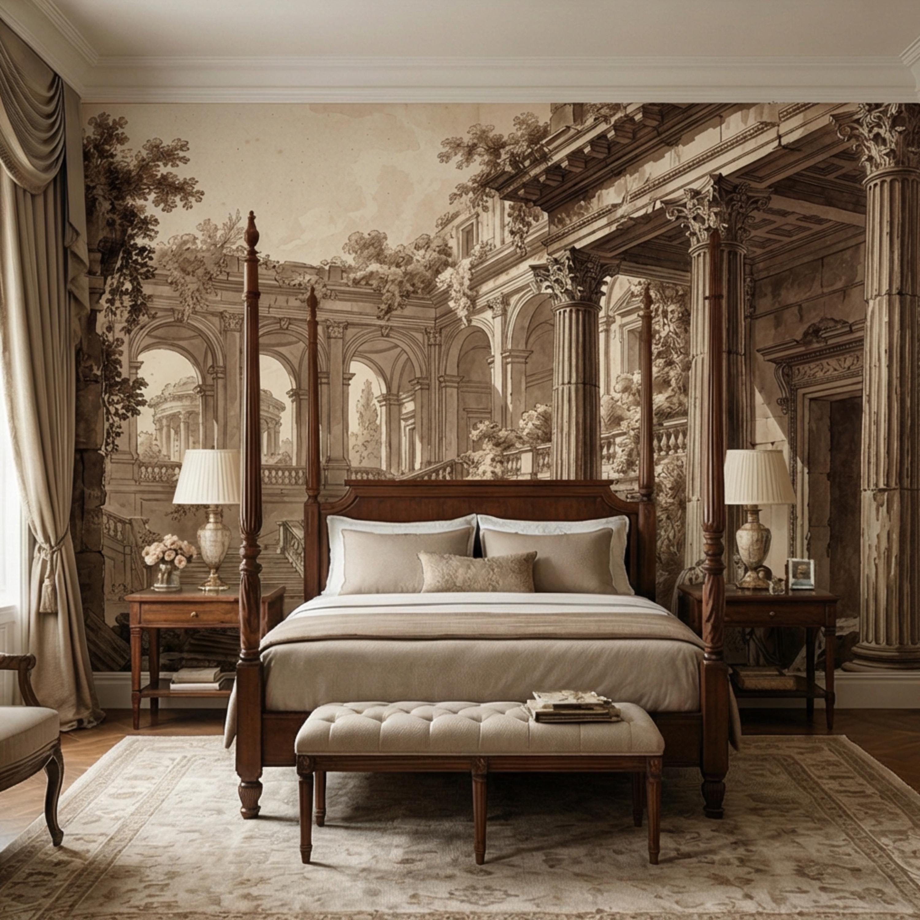 Vintage Roman Ruins Peel and Stick Wall Mural, Classical Architecture Columns and Arches Landscape, Antique Sepia Engraving Wallpaper