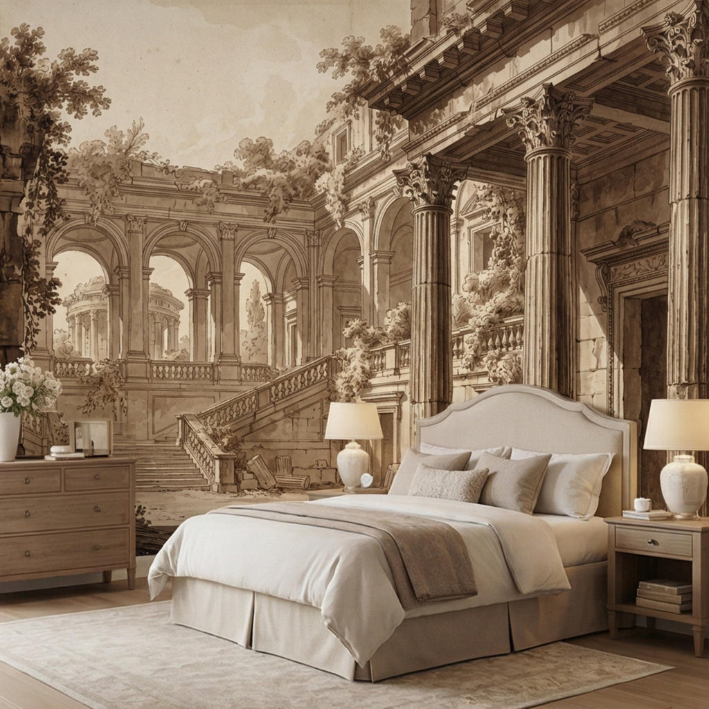 Vintage Roman Ruins Peel and Stick Wall Mural, Classical Architecture Columns and Arches Landscape, Antique Sepia Engraving Wallpaper