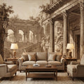 Vintage Roman Ruins Peel and Stick Wall Mural, Classical Architecture Columns and Arches Landscape, Antique Sepia Engraving Wallpaper