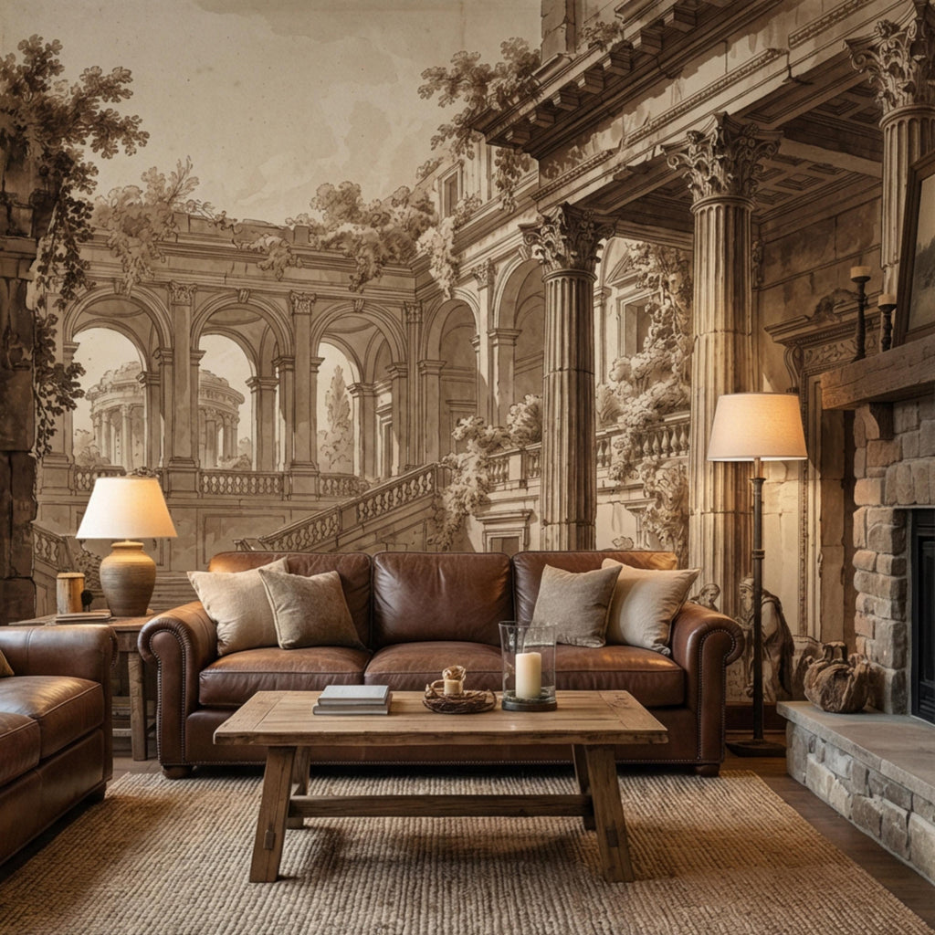 Vintage Roman Ruins Peel and Stick Wall Mural, Classical Architecture Columns and Arches Landscape, Antique Sepia Engraving Wallpaper